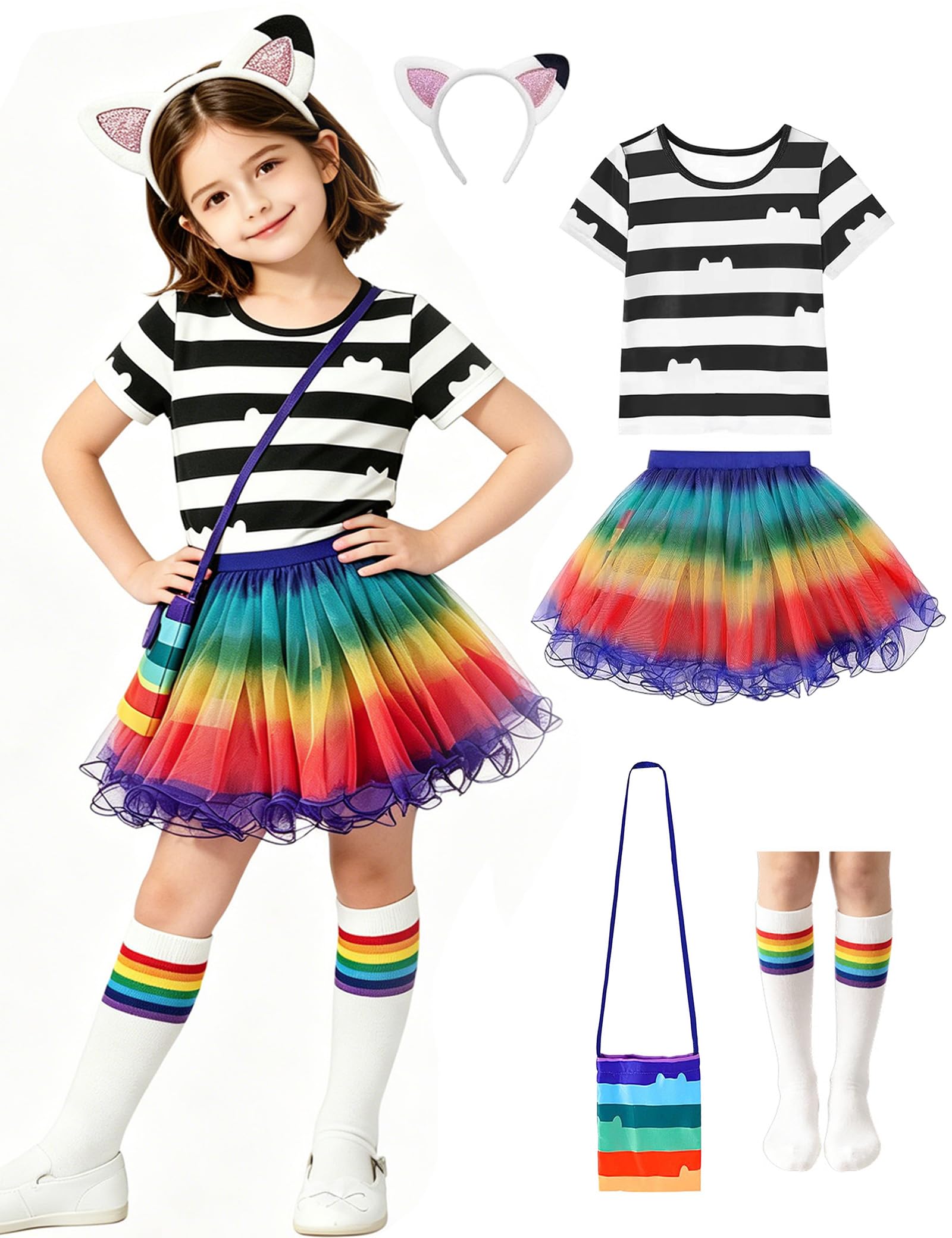 Makoike 5PCS Cat Rainbow Costume for Girls Kids Princess Tutu Dress Birthday Party Set Carnival Halloween Costume Cosplay Props 3-8Y