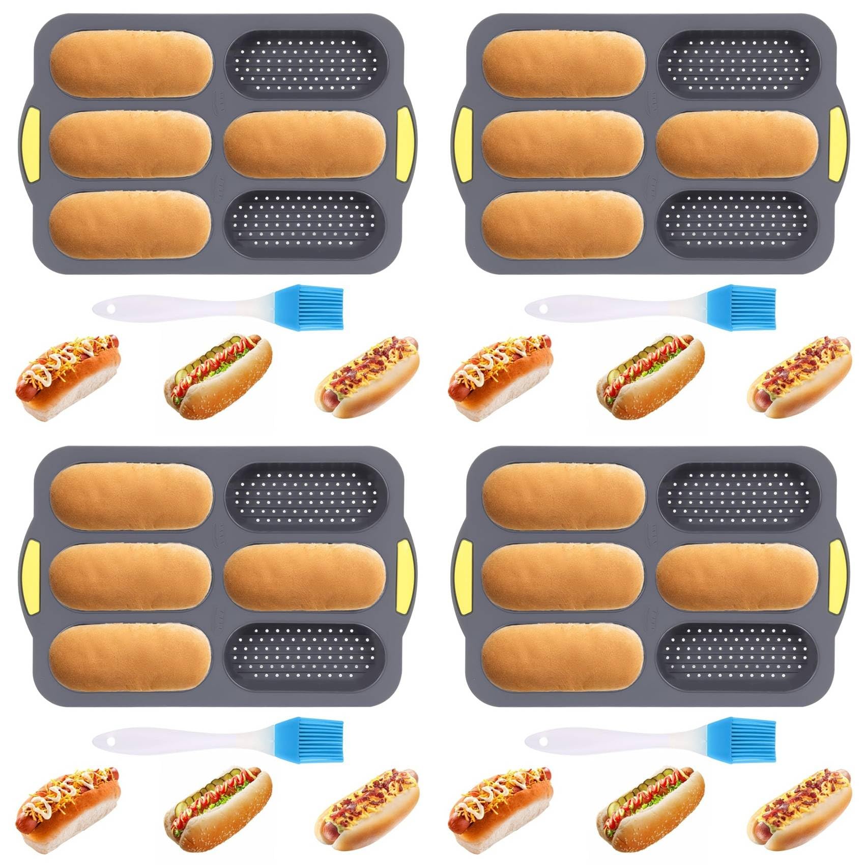 Aundhegrtt 4X Silicone Pan, Hot Dog Bun Pan with Oil Brush,6 Gutter Nonstick French Bread Bake Mold, French Bread Loaf Pan