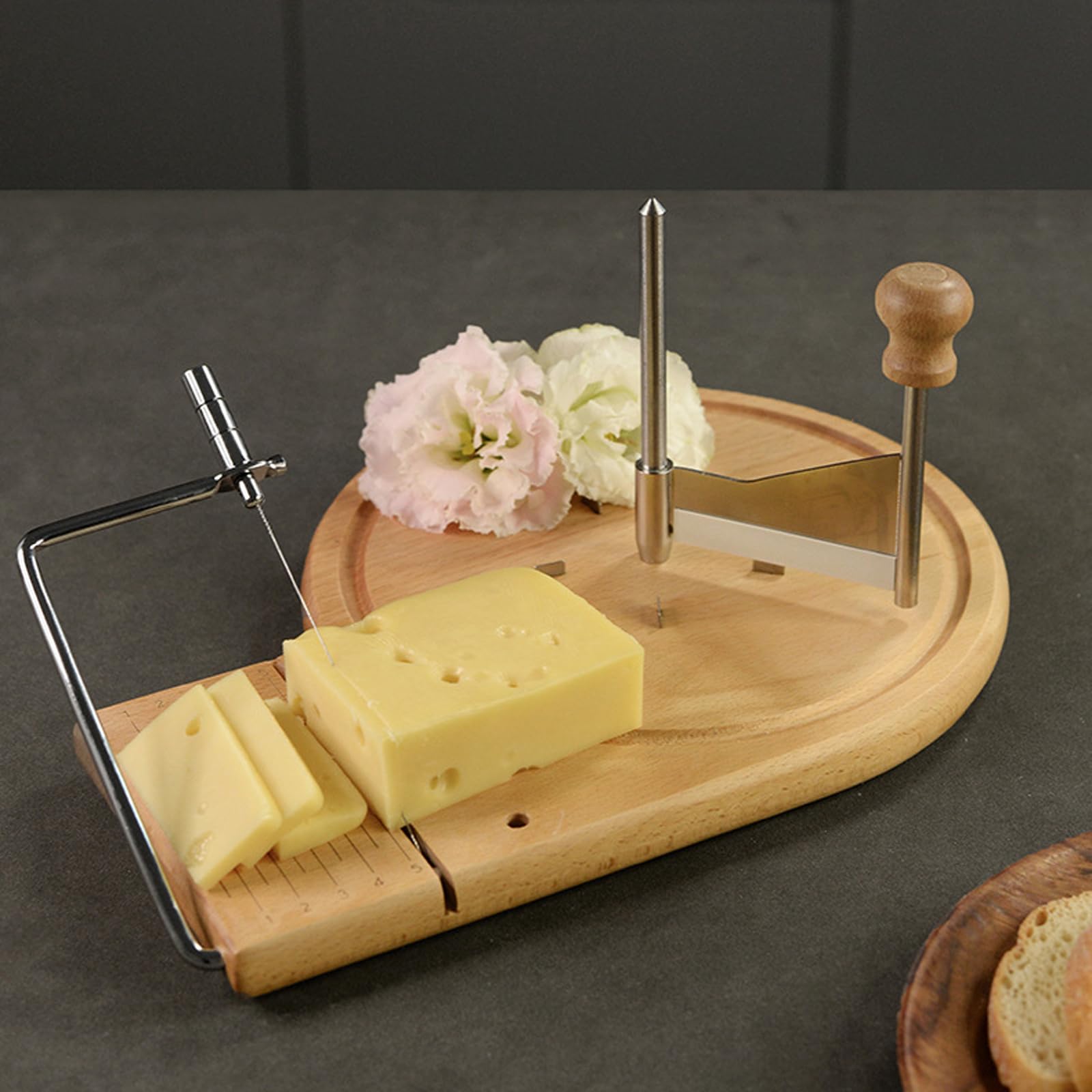 Cortador de Queso, Cortador Queso Horizontal con Tabla de Madera Redonda se Puede Utilizar para Cortar Queso Mantequilla y Foie Gras etc