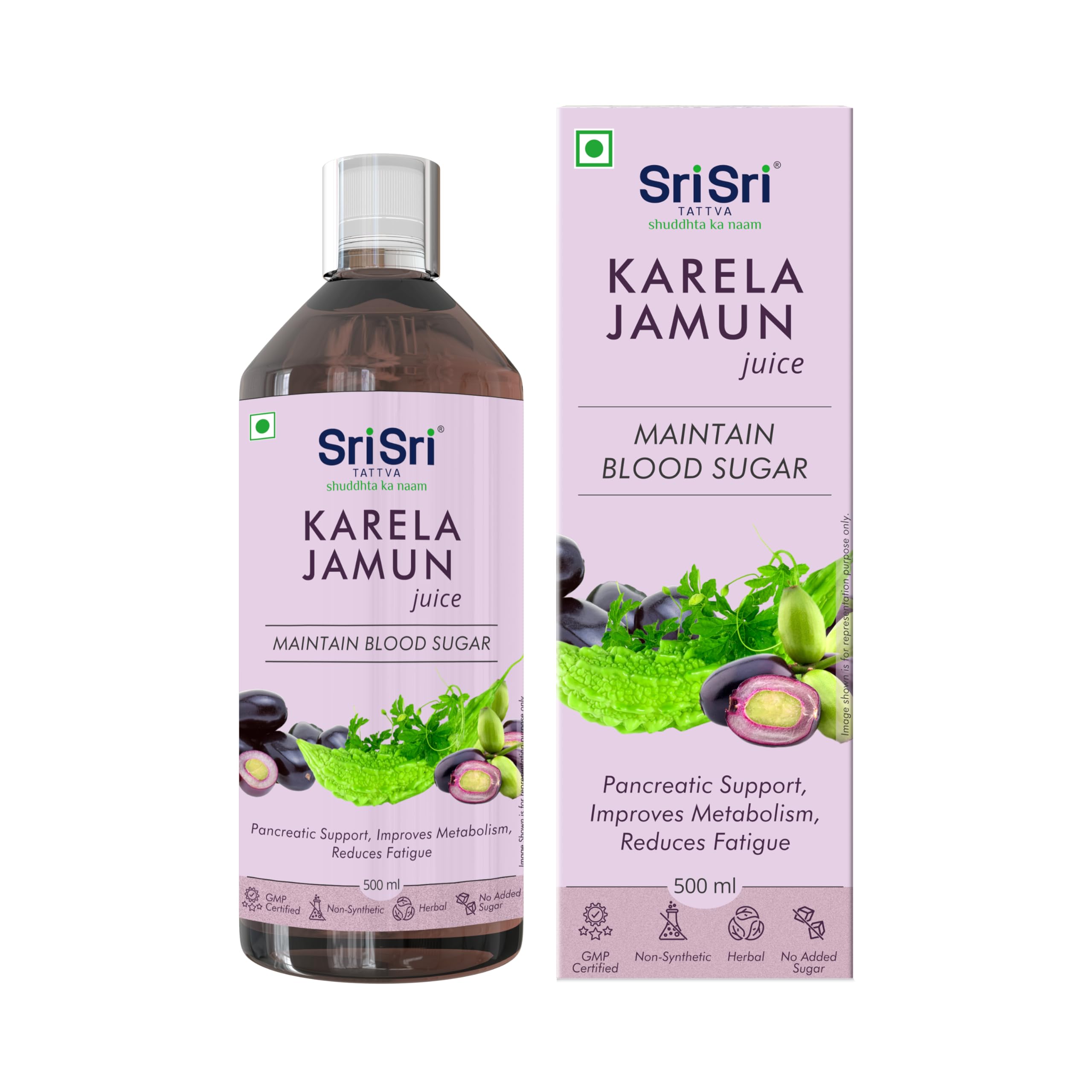 Sri Sri TATTVA shuddhta ka naam Karela Jamun Juice | Maintains Blood Sugar Levels | Reduces Bad Cholesterol | Good For Digestive Health | No Added Sugar | 500 Ml I Pack of 2