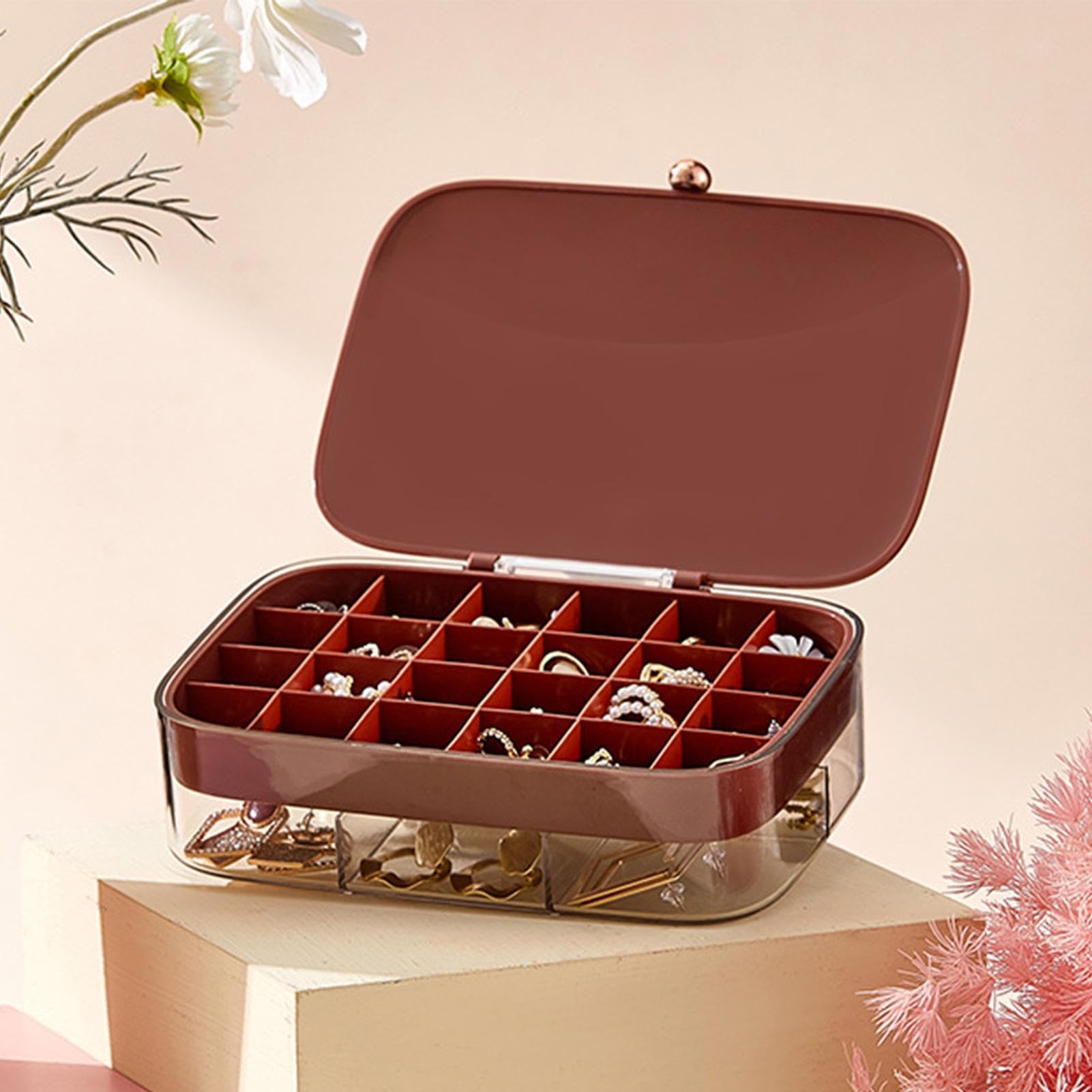 Organiseur de bijoux à 30 compartiments – Présentoir à 30 compartiments avec couvercle | Boîte de rangement empilable pour boucles d'oreilles, colliers