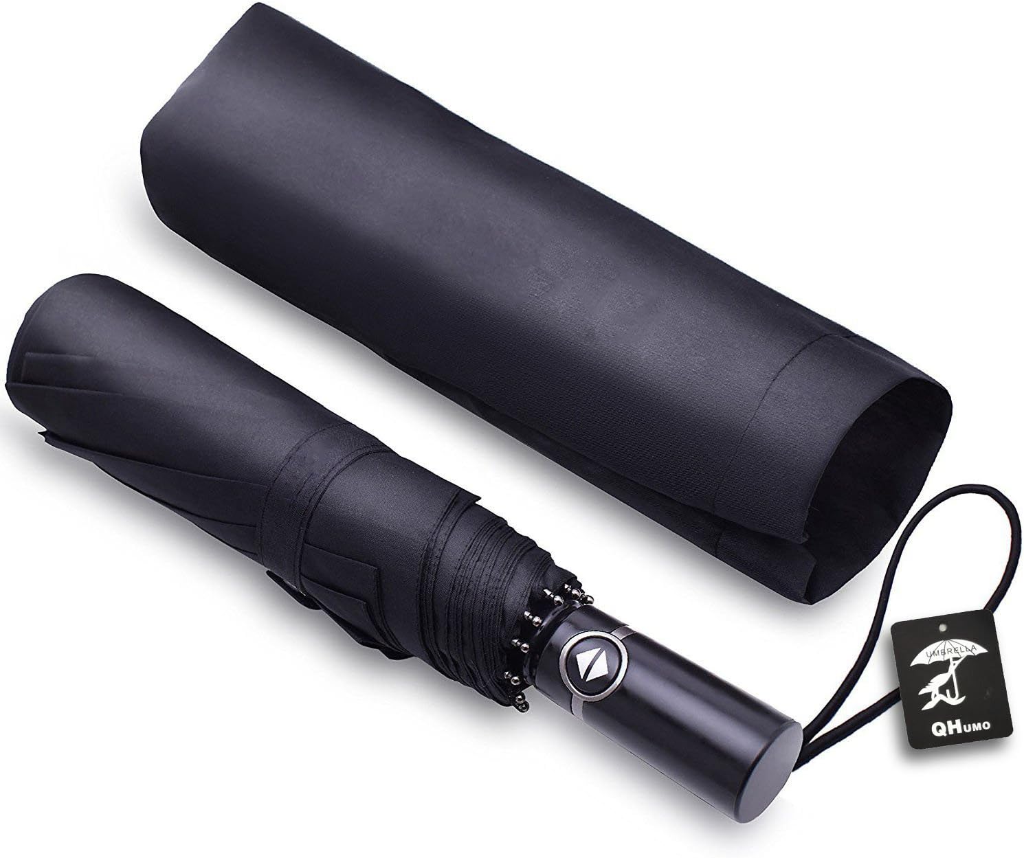 QHUMO Travel Umbrella Windproof, 10 Ribs Auto Umbrella with Teflon Coating Black