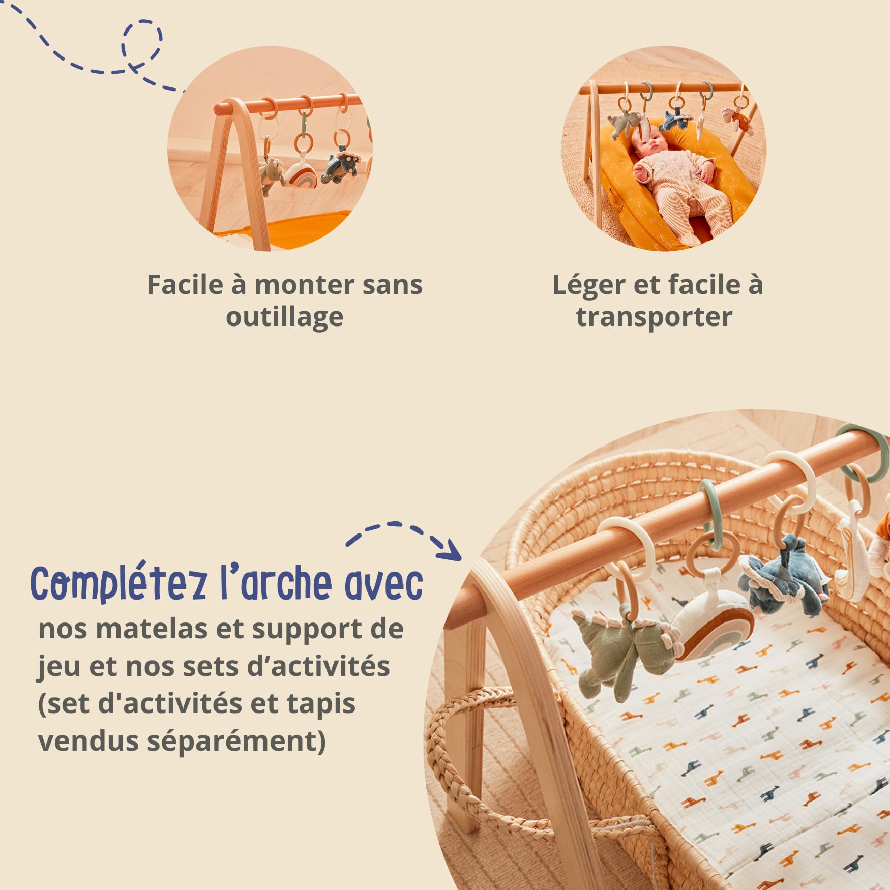 NOUKIE'S – Arco di risveglio in legno naturale – Facile da montare e trasportare – Stimola i sensi dalla nascita fino a 6 mesi – Ideale con tappeto o culla – Set attività venduto separatamente