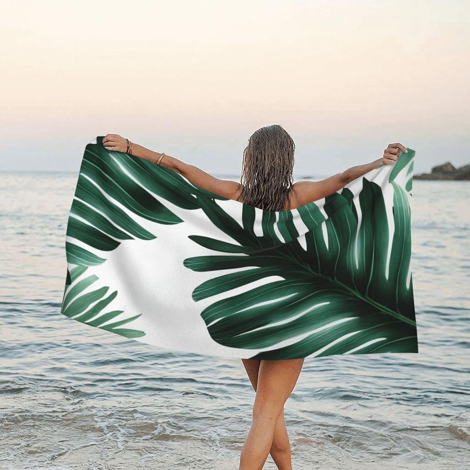 KHiry Microfiber Towel Beach Towels Cute Green Palm Leaves Quick Dry Towel Soft Lightweight Travel Towels Absorbent Large Easy Pack Travel Things Beach Blanket for Gym Sports Swimming