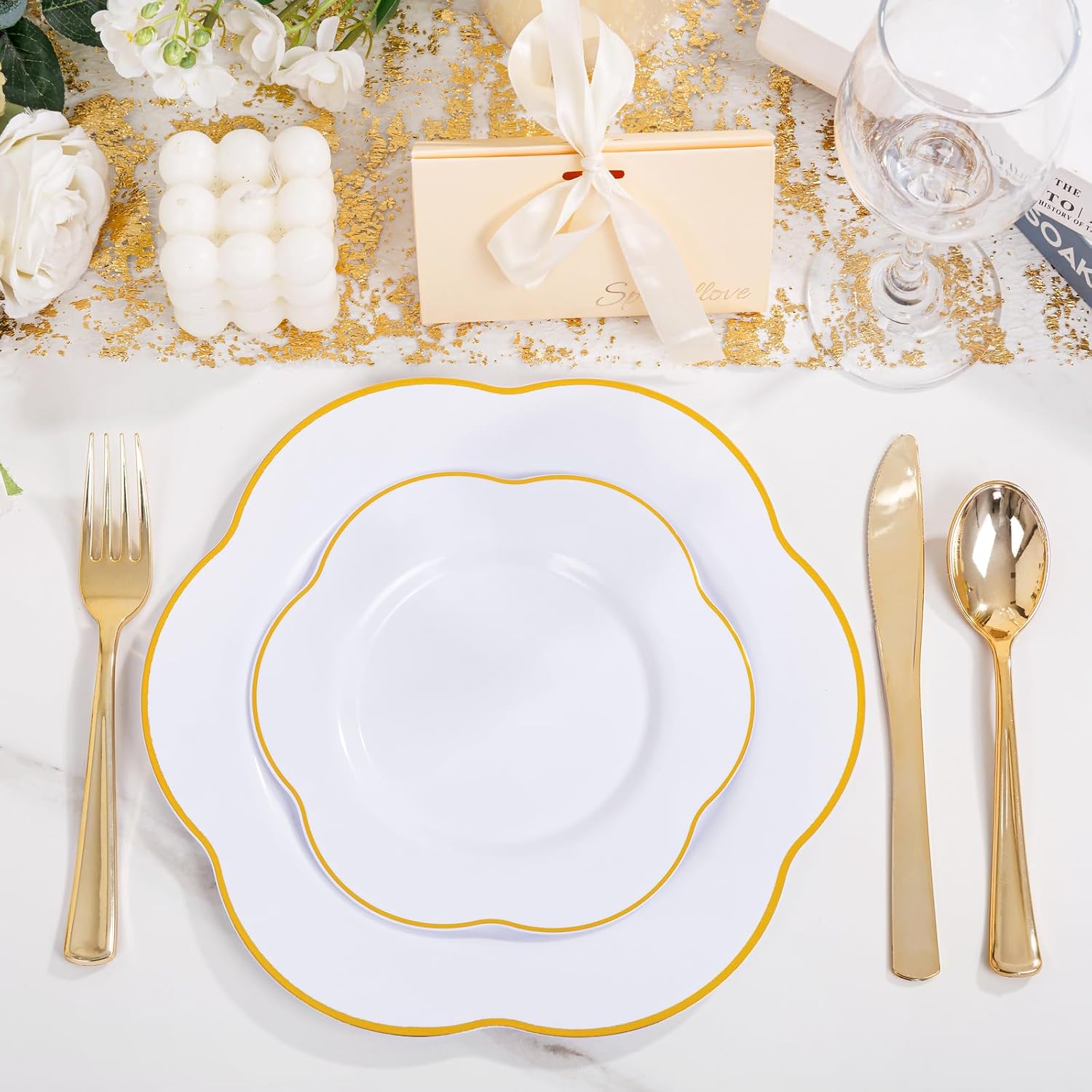 Liacere 200PCS White Plastic Plates - Heavy Duty Disposable Plate - 200PCS White and Gold Trim Plastic Plates for Mother's Day & New Year & Easter Day