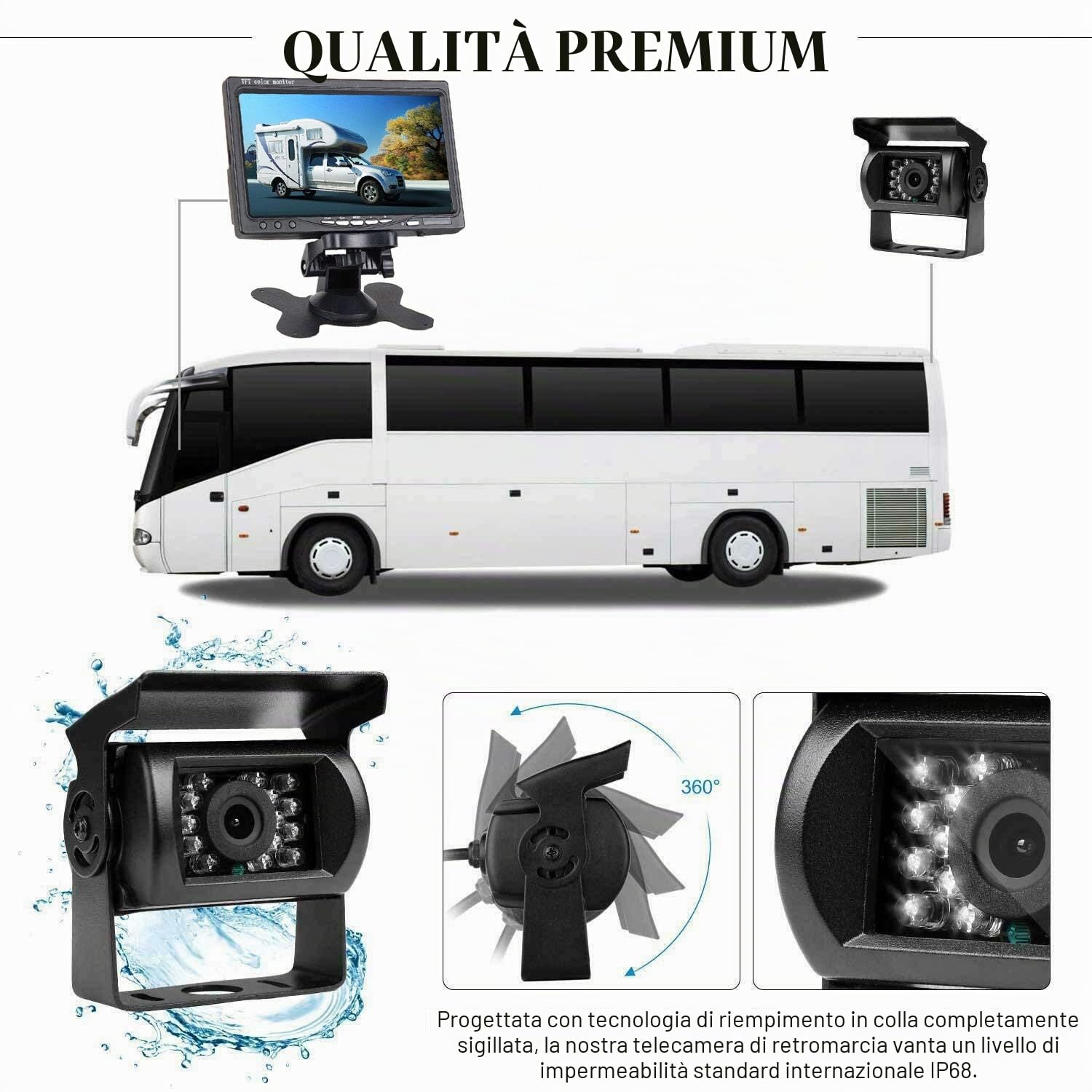 12V-24V Telecamera per retromarcia auto 7 pollici TFT LCD HD Monitor + Camper Camion Rimorchi 18LED Infrarossi Visione Notturna Impermeabile Retrovisore Inversione Backup Telecamera con 10M Cavo