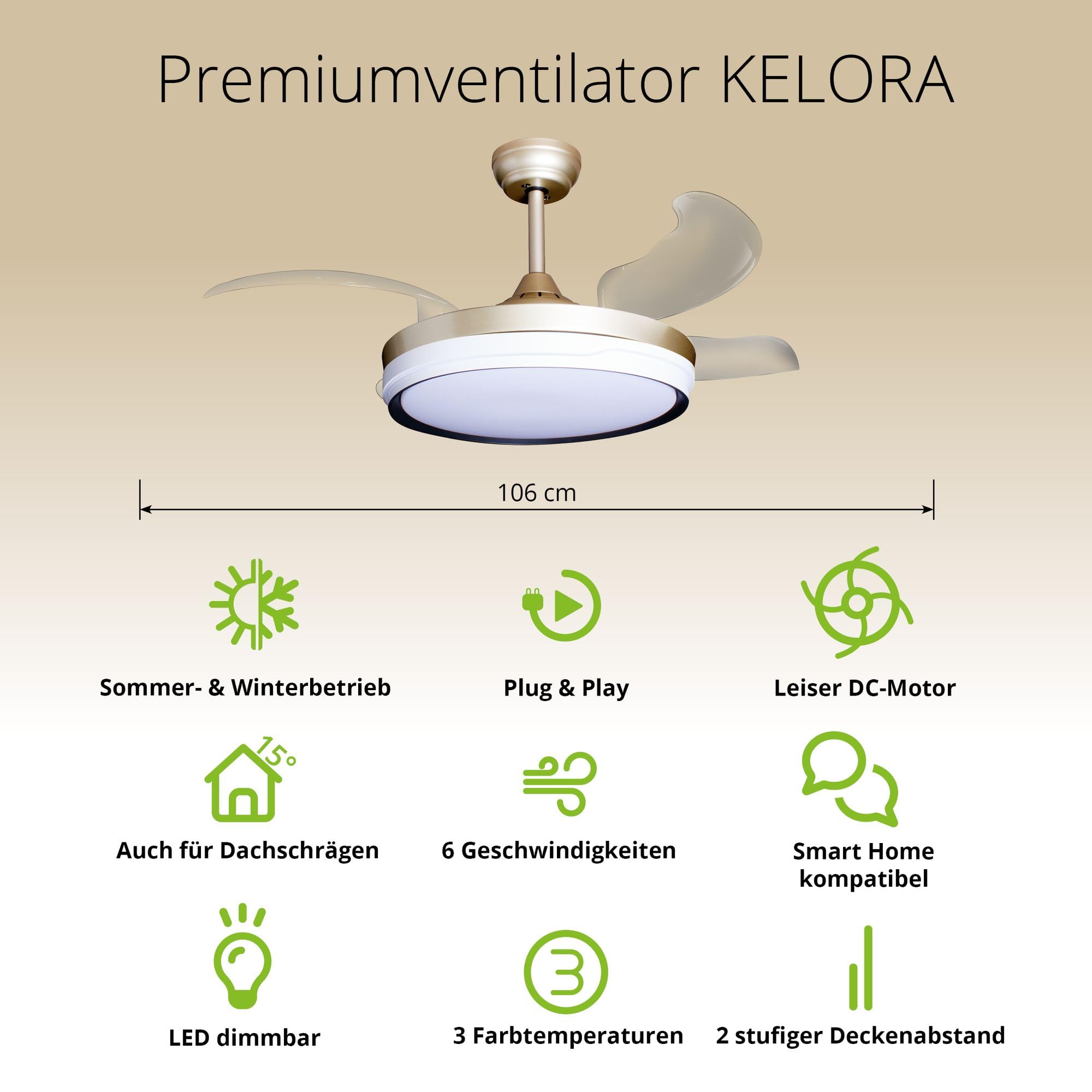 Eclipse Deckenventilator mit Beleuchtung, Leise mit 6 Windstufen, App | Fernbedienung, Sommer und Wintermodus, 4 transparente Rotorblätter, 4500 m³/h, CTT 3000 K-6500 K, Goldfarbene Basis, Kelora