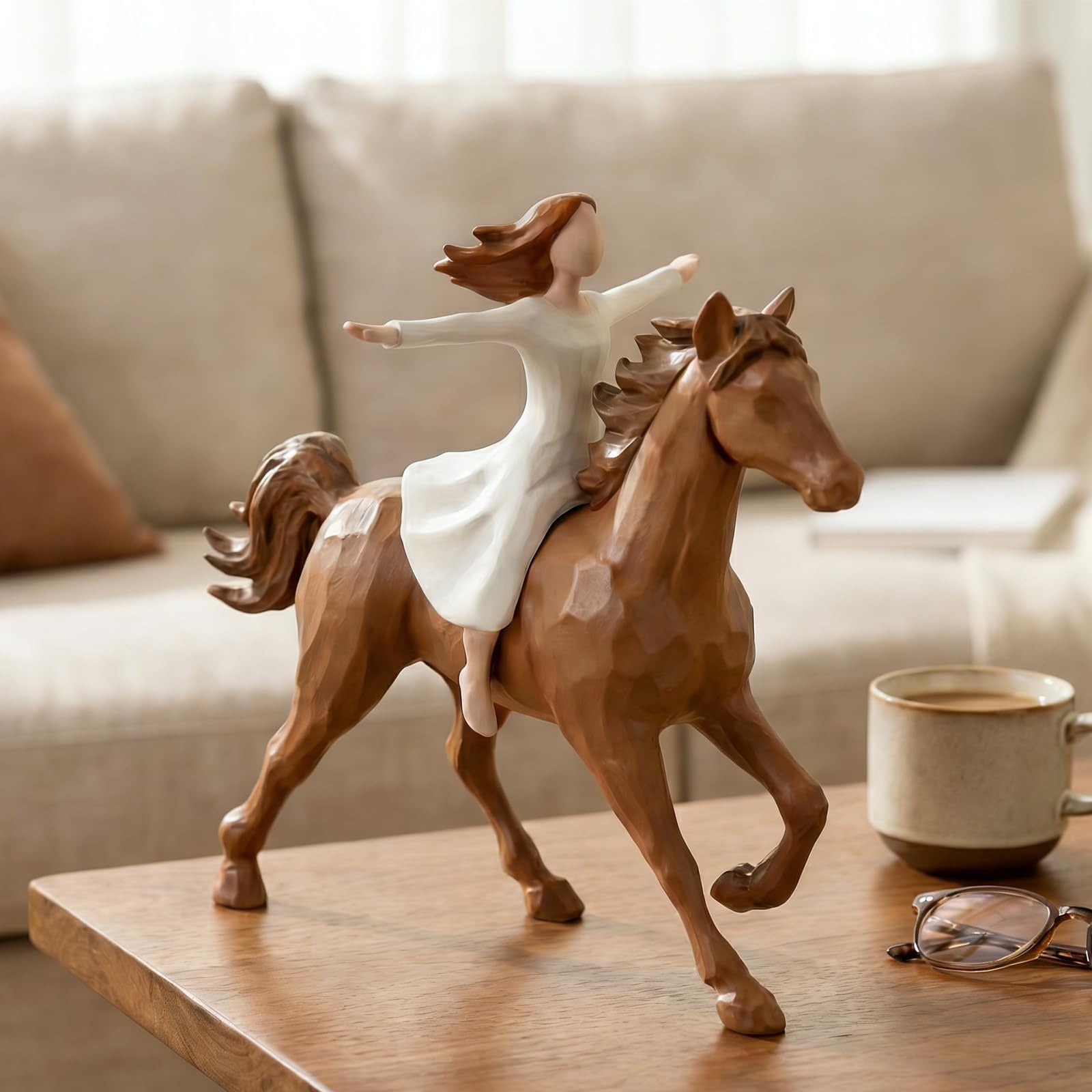 Handmade Resin Girl Riding Horse Figurine, Horse Resin Statue with Hand-Carved, Girl and Horse Riding Statue Figurine, Horse Figurines Gifts for Girls Women Equestrian Lovers Home Decor(Brunette)