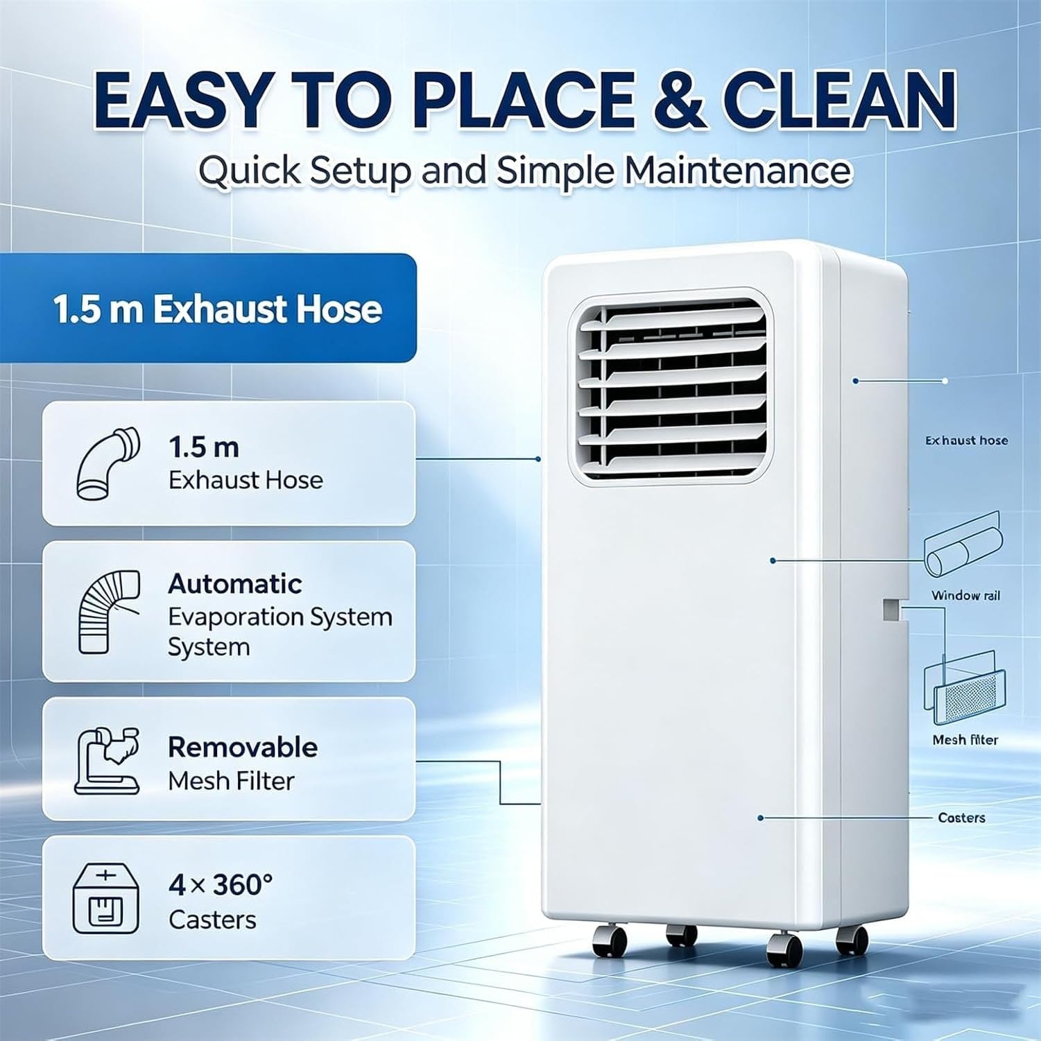 LONGCAO Aire Acondicionado Portátil 7000 BTU, 4-en-1 Enfriador y Deshumidificador con Mando a Distancia, Pantalla Digital, Silencioso, para Habitaciones hasta 10 m²