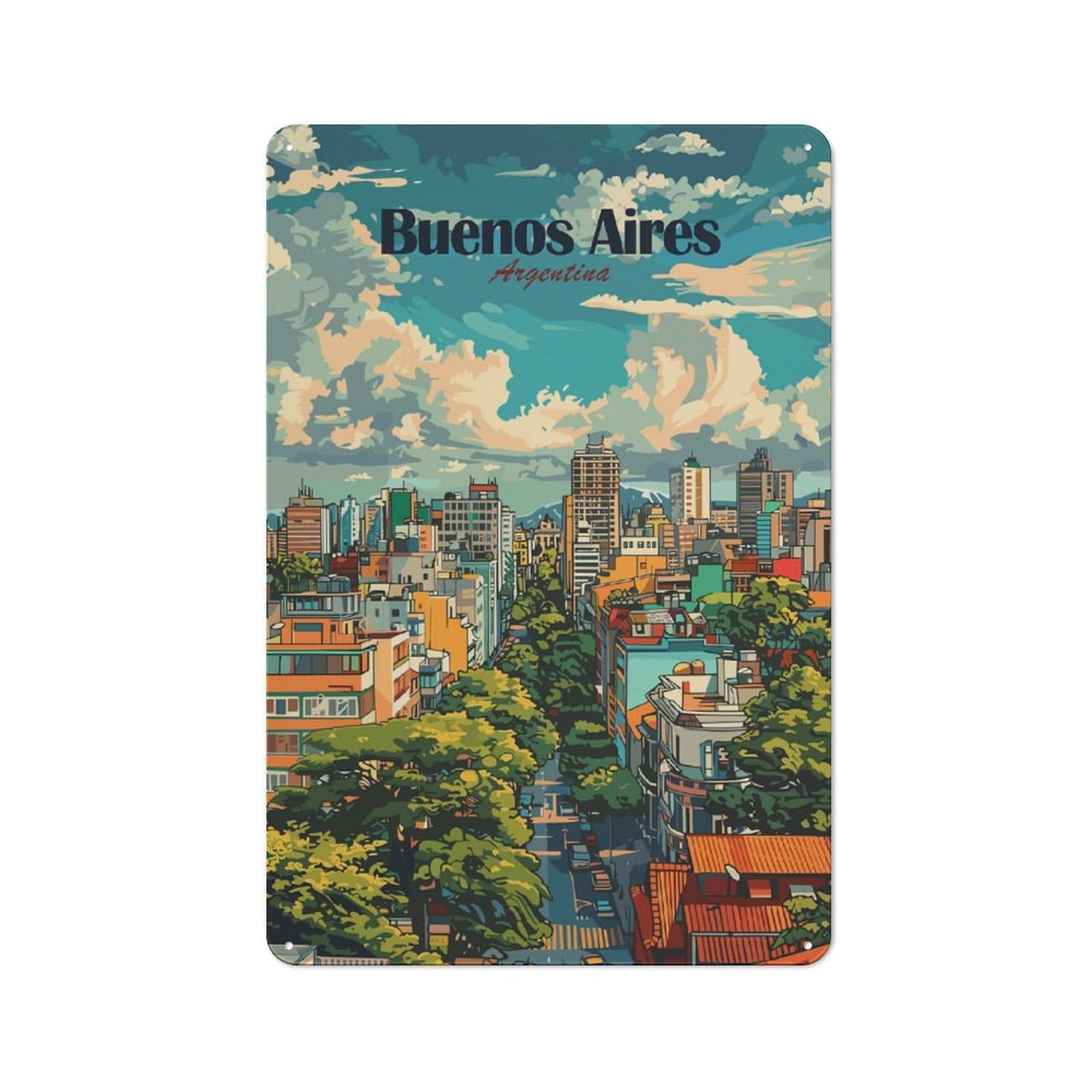 Buenos Aires Argentina Cityscape Illustration Classic Metal Wall Decor 30x20cm, Metal Wall Plaque for Hobby Room, Office, Lounge Or Living Room