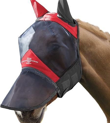 Vista 140 de Harrison Howard CareMaster Pro - Máscara luminosa para mosca de caballo, gran espacio para los ojos, nariz larga con orejas, protección UV para Azul