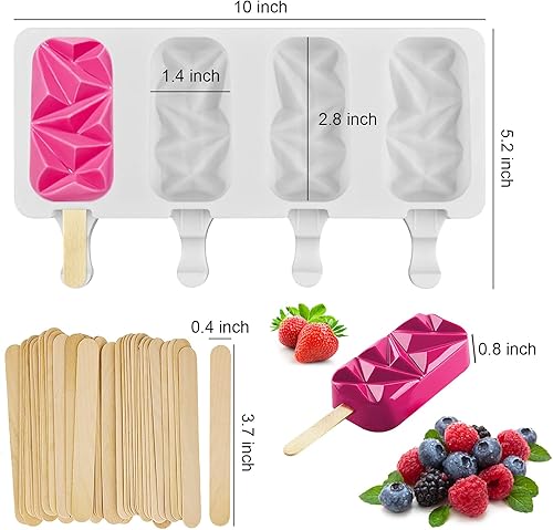 Miniatura 2 de Paquete de 2 moldes de silicona para paletas de tarta 4 cavidades pequeñas sin BPA con diamantes ovalados y 50 varillas de madera para hacer helados