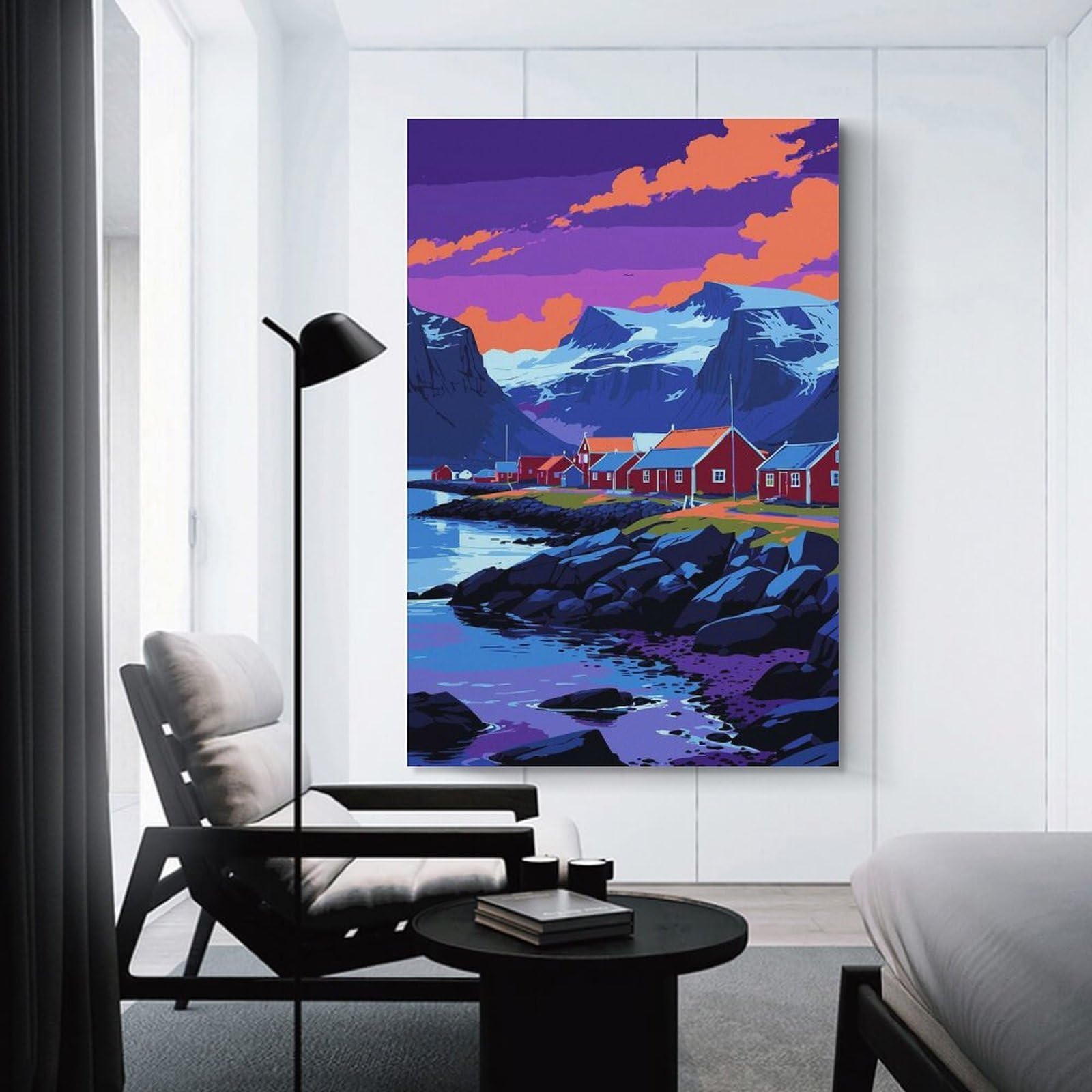 Junmoney Coastal Village Landscape with Mountains Room Decor Wall Art 24x36inch(60x90cm), for Entrance Spaces, Stair Walls Or Halls, A Neat Decor Update for Hallways