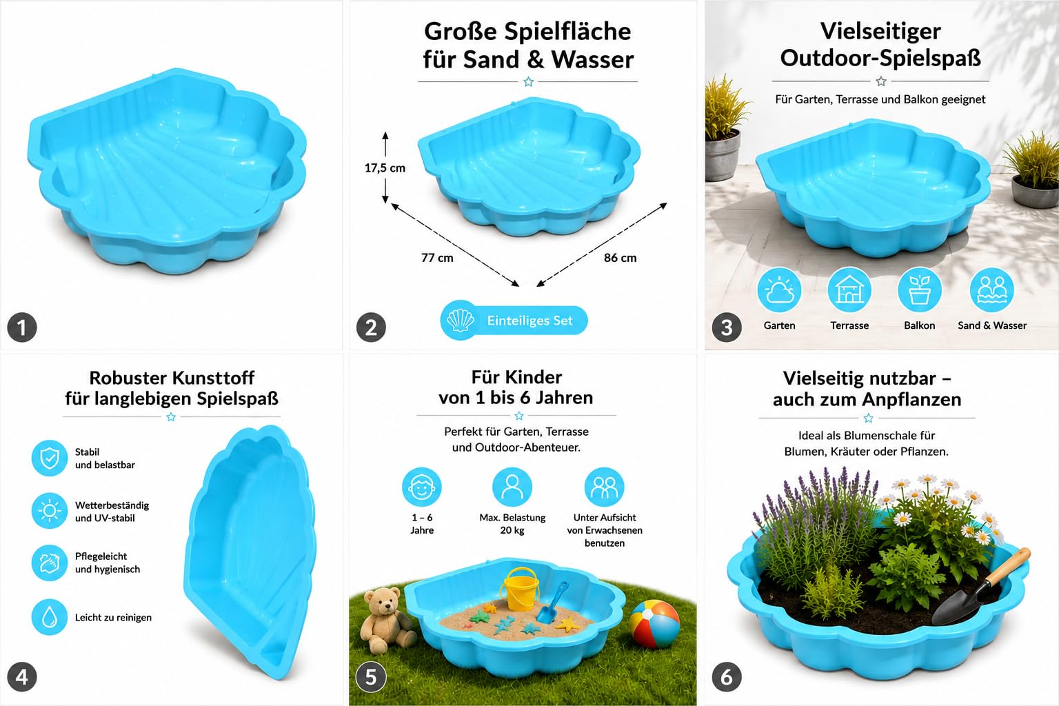 Conchiglia per sabbia e acqua, turchese con stelle, 1 pezzo, robusta tenda da gioco per sabbia e acqua, ideale come sabbiera o piscina per bambini, 86 x 77 x 18 cm