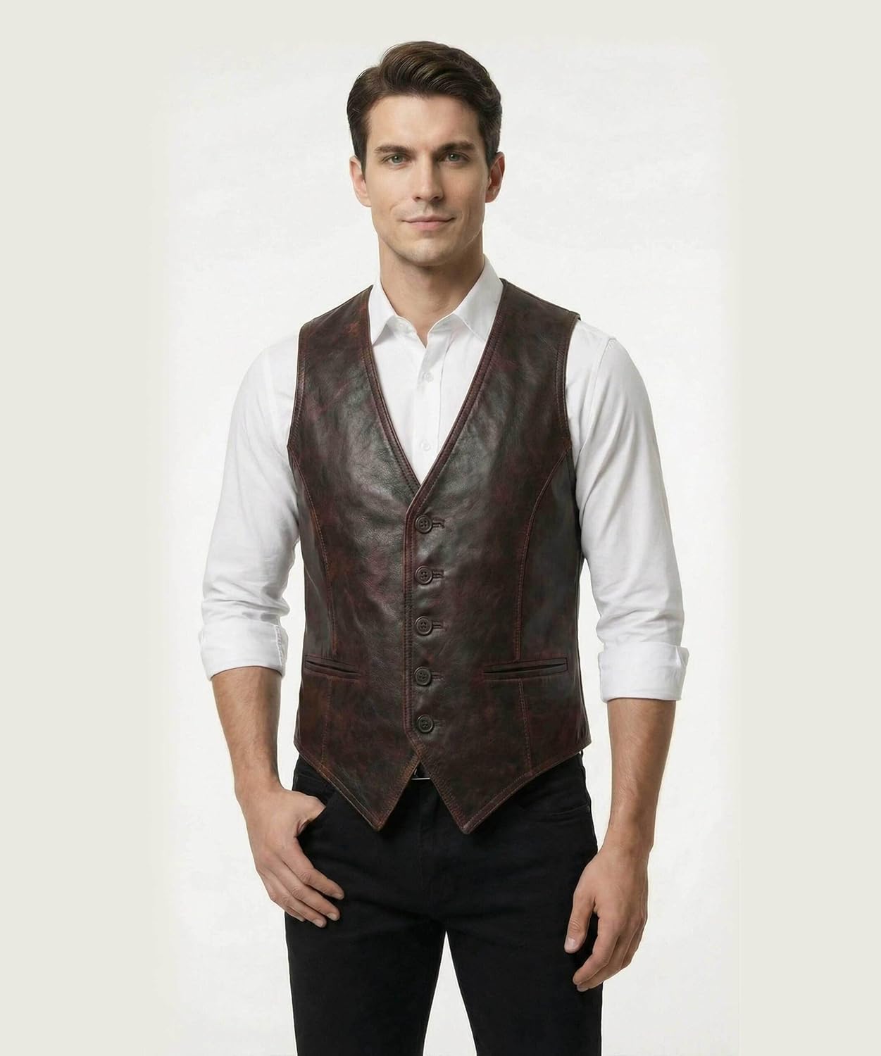 J'Jackin Men’s Genuine Leather Vest Sleeveless Motorcycle Style - Western Cowboy Real Leather Riding Waistcoat