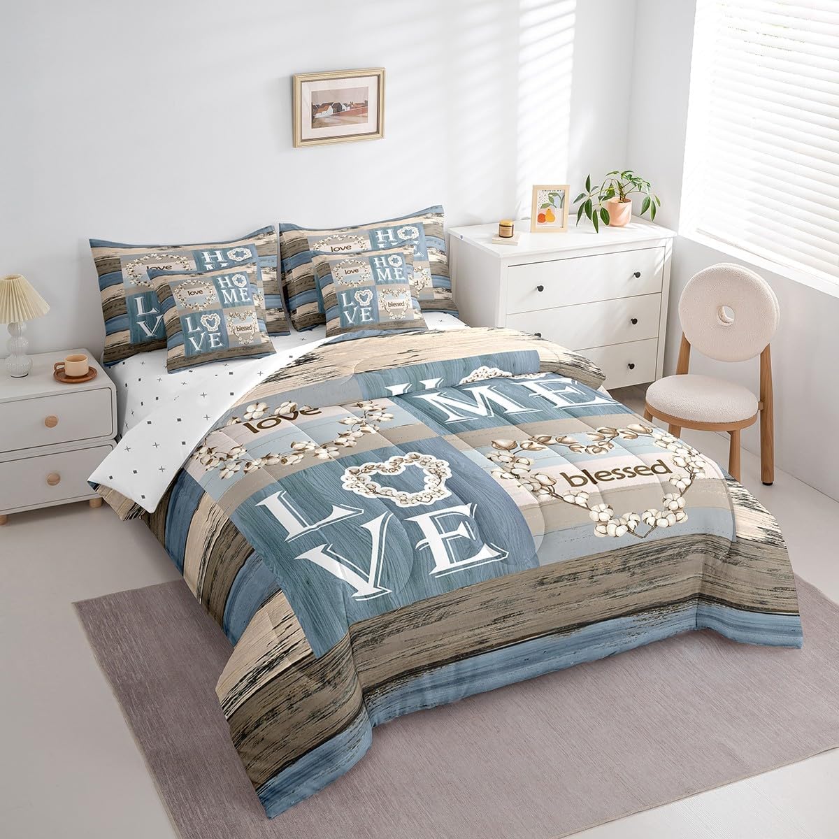 Feelyou Vintage Floral Flower Comforter Set Queen 7 Pieces Sweet Love Western Farmhouse Bedding Set Rustic Country Wood Plank Cotton Bed in a Bag with Comforter, Sheets, Pillowcases & Cushion Cover