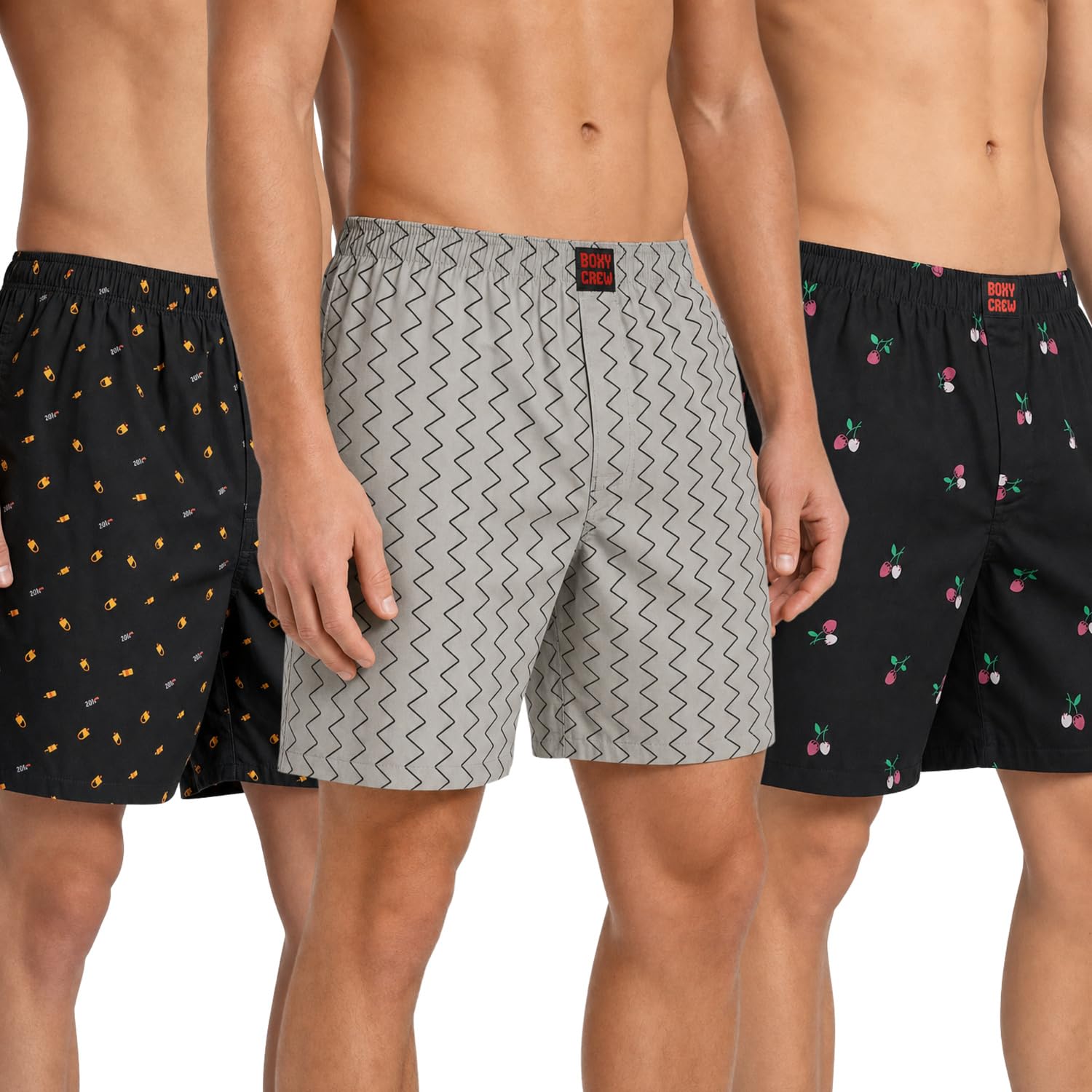 Men's 100% Cotton Printed Boxer Shorts Pack of 3 with Dual Side Pockets and Fabric-Covered Waistband - Black/Grey/Black, Styles MBX016, MBX018, MBX024-image-21