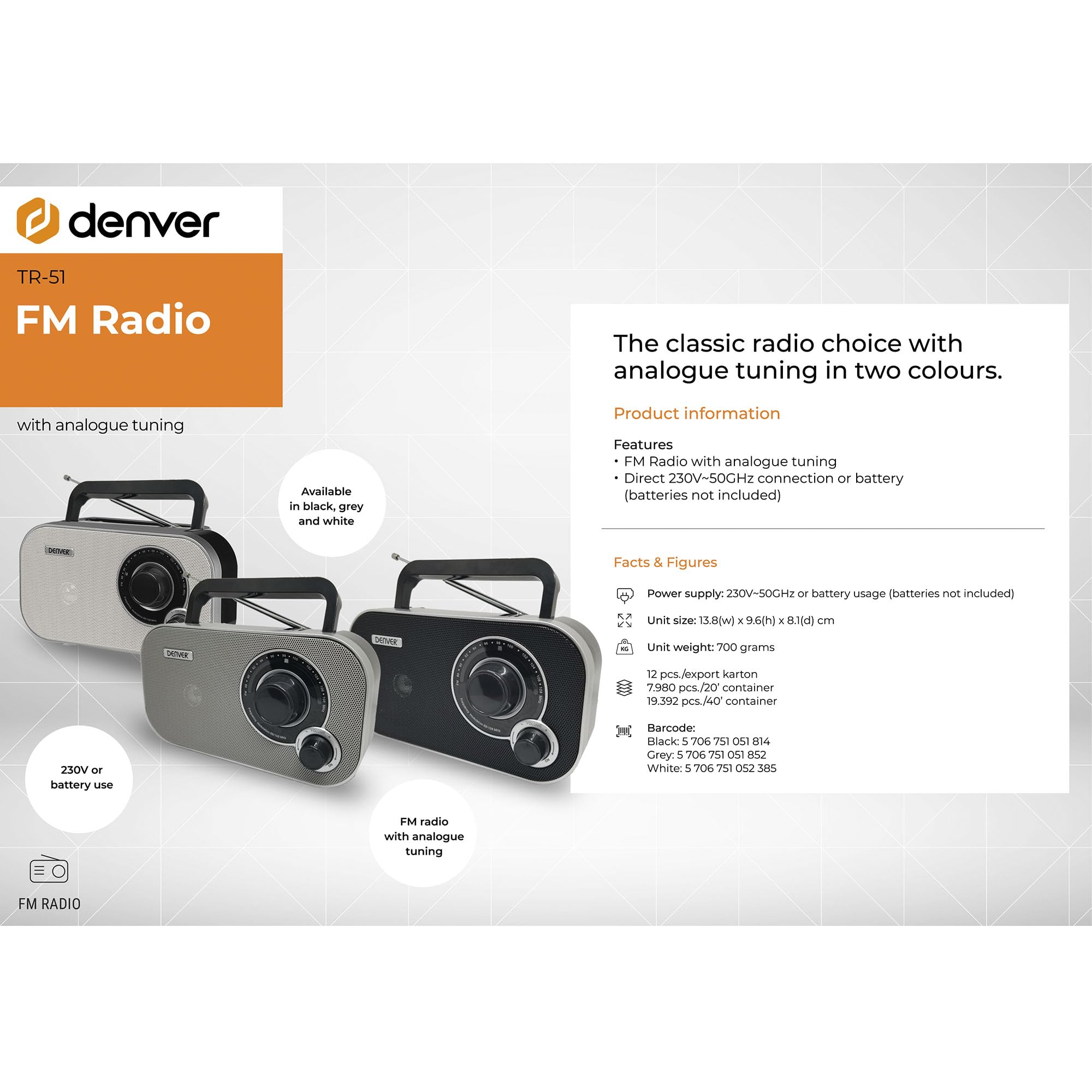 Denver TR-51W FM Koffer Radio – Tragbares Retro Mini Radio mit analoger Sendersuche – Netz- und Batteriebetrieb – Kompakte Bauweise und klarer Klang