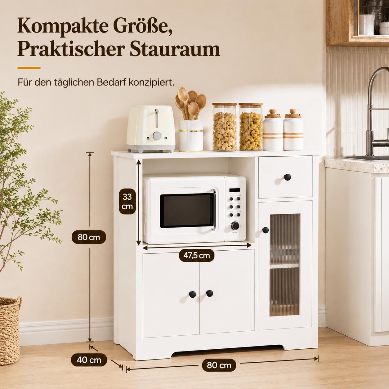 Yorbay Weiß Küchenschrank mit Arbeitsplatte und Mikrowellenregal: Sideboard mit 1 Schublade und 3 Türen für Küche - Mehrzweckschrank mit Kippschutz für Esszimmer Wohnzimmer