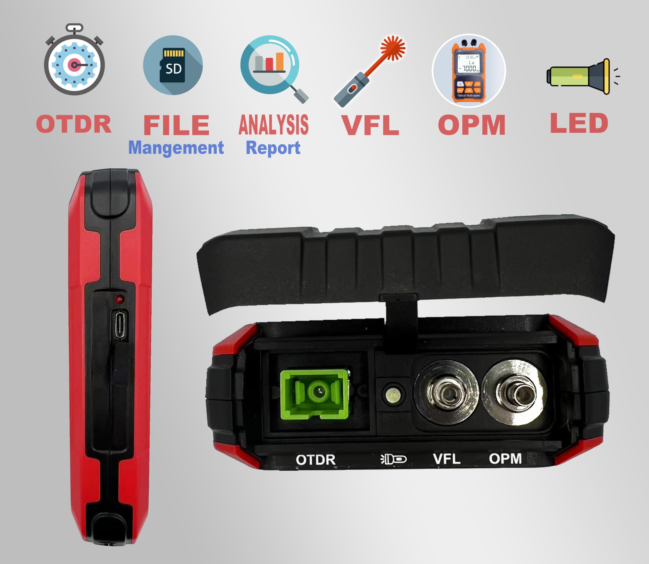 Elfcam - Mini OTDR Monomode 1310nm/1550nm, 22dB/20dB, Jusqu’à 60km, avec Photomètre/Multimètre Optique et VFL, La Livraison avec L' Adaptateur SC/APC Mâle à LC/APC Femelle