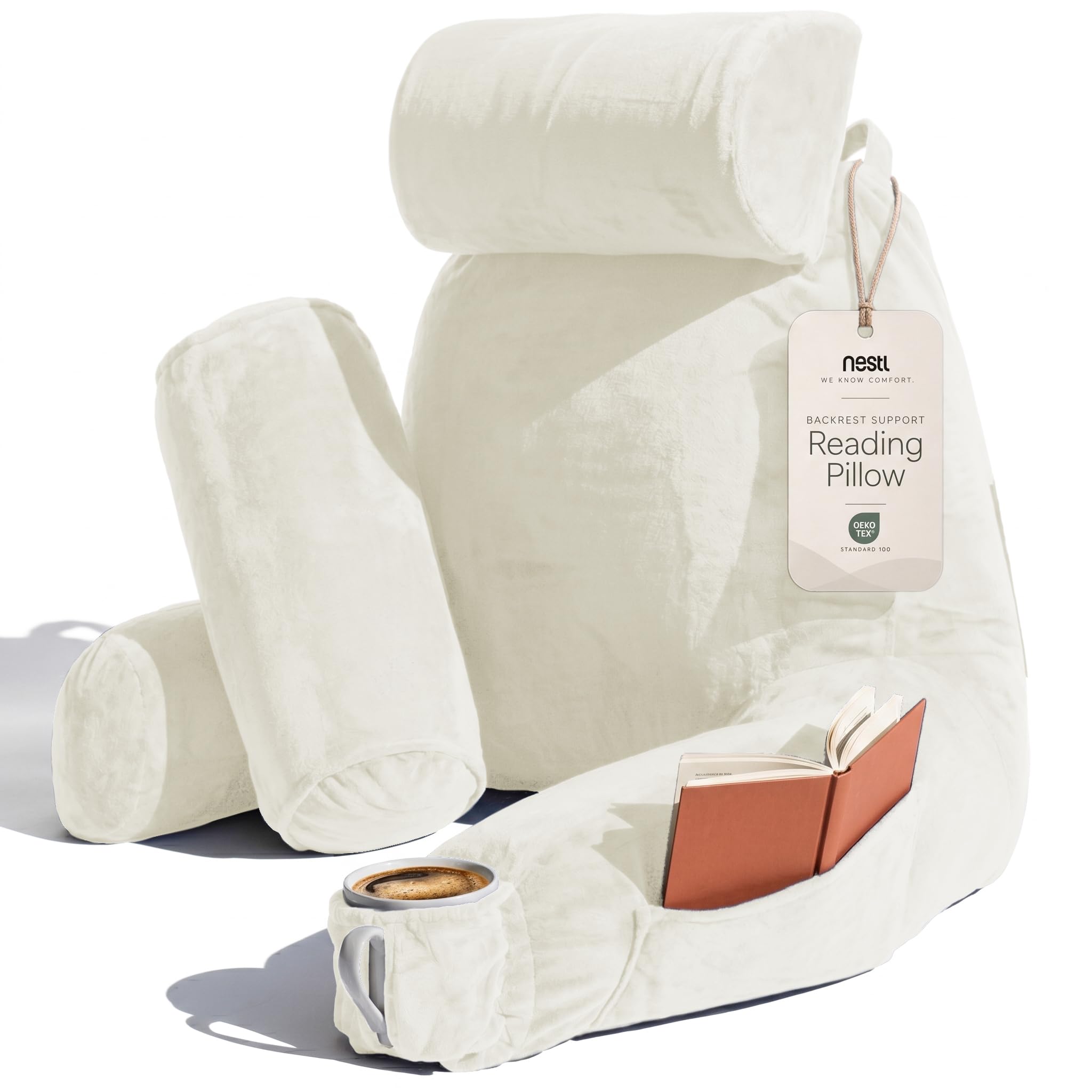 Nestl Reading Pillow with Shredded Memory Foam Includes 2 Neck and Lumber Support Pillows, Designed for Sitting Up in Bed and Couch, Back and Arms Adjustable Support for Adult &amp; Teens, Off White