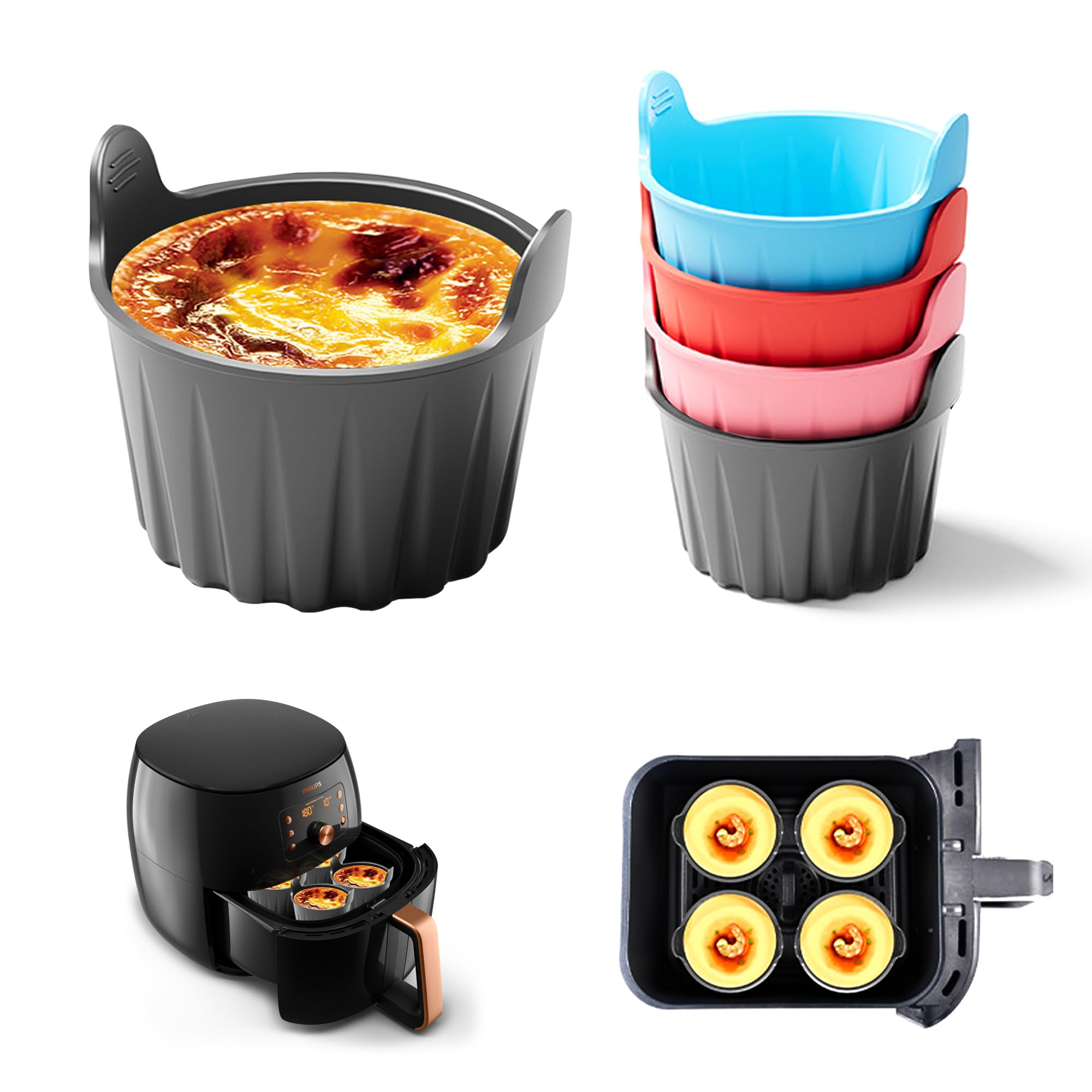 Recipiente Air Fryer, Air Fryer Accesorios, 4 Piezas Bandeja Silicona Air Fryer, Accesorios Airfryer para Cocer Huevos al Vapor, Hornear Pasteles y Muslos de Pollo, Multicolor