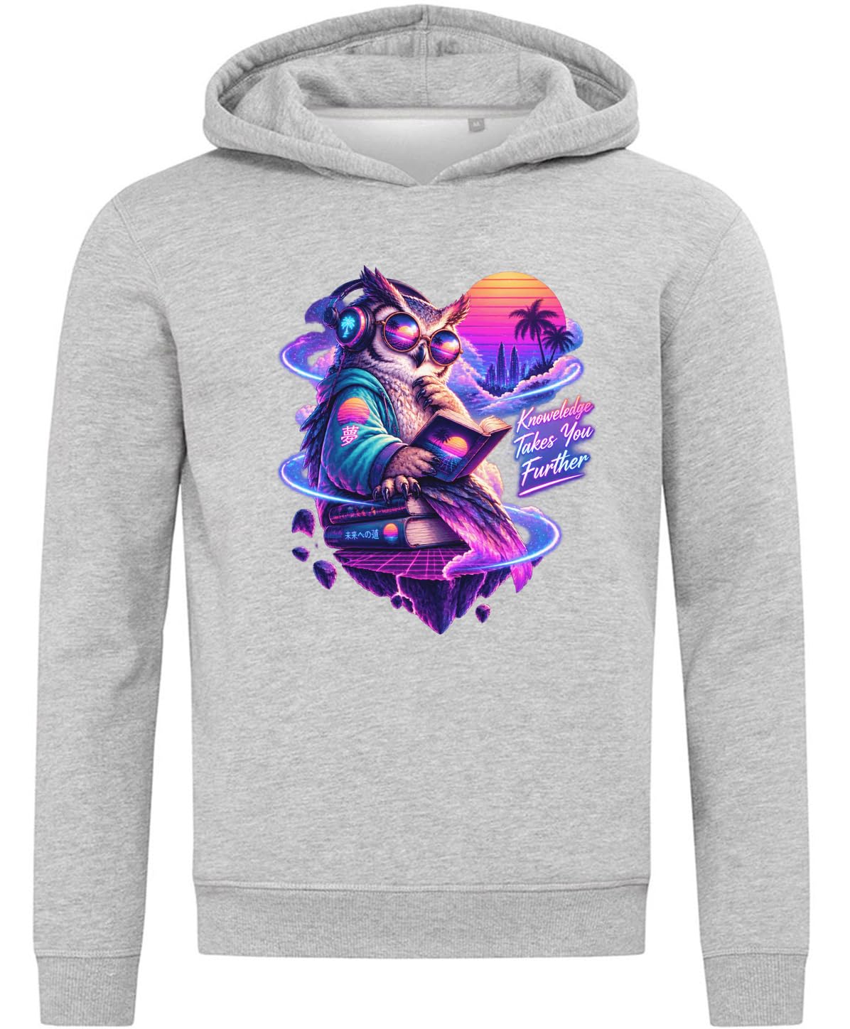 Sowa czytająca książki w neonowym świecie fantasy bluza z kapturem bluza z kapturem mieszanka bawełny szara