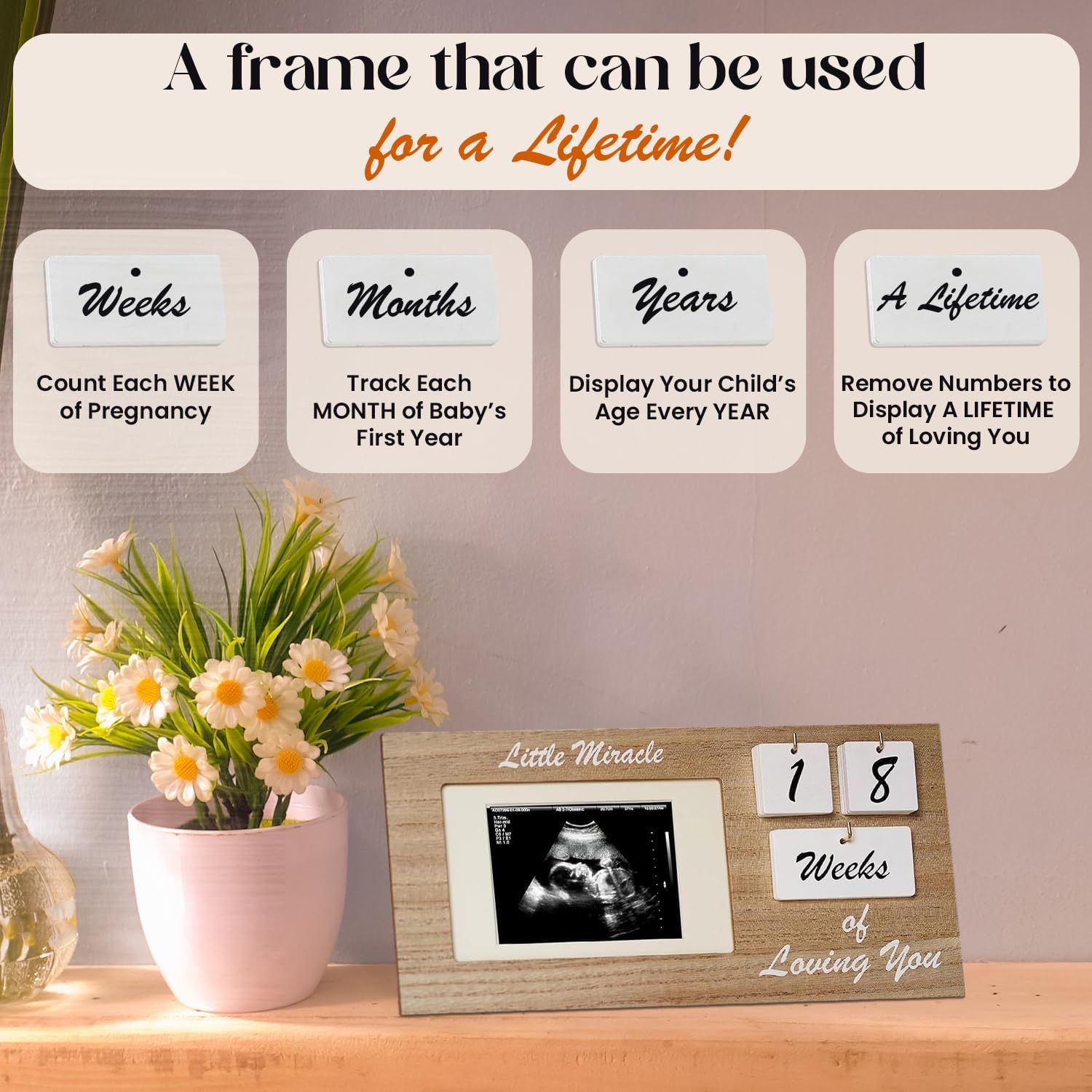 Brown Ultrasound Sonogram Picture Frame with Milestone Tracker – Elegant Wooden Keepsake for Expecting Parents – Nursery Décor Gift for New Moms – Countdown Tiles Included – 12" x 6" Design
