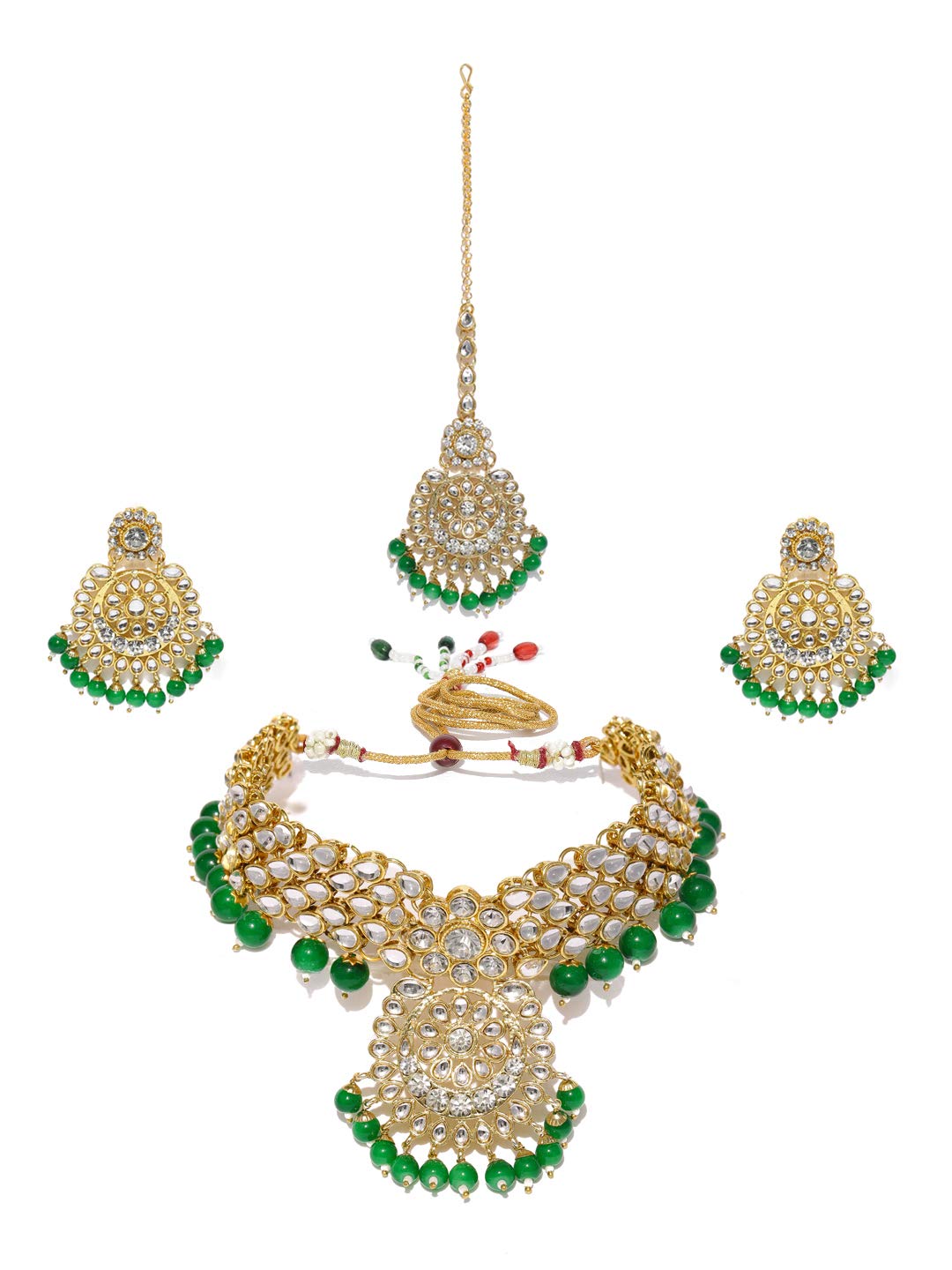ZAVERI PEARLS Alluring Kundan & Green Beads Choker Necklace Earring Maangtikka Set For Women-ZPFK18755
