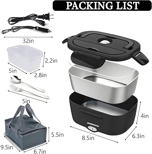 Miniatura 2 de Actualización de la lonchera eléctrica de 80 W más rápida, calentador de alimentos portátil con recipiente de acero inoxidable 304, cuchara y