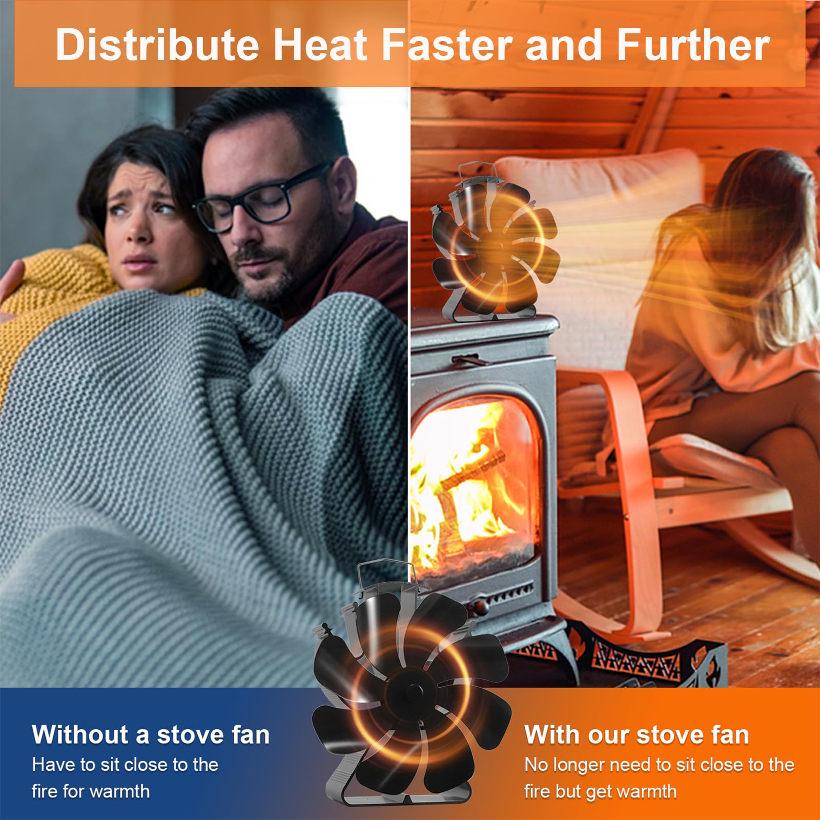 VODA Ventilatore per stufa a legna con calore, 8 pale non elettriche, ventola termica attivata dal calore per stufa a legna/bruciatore a legna, accessori per stufa, termometro