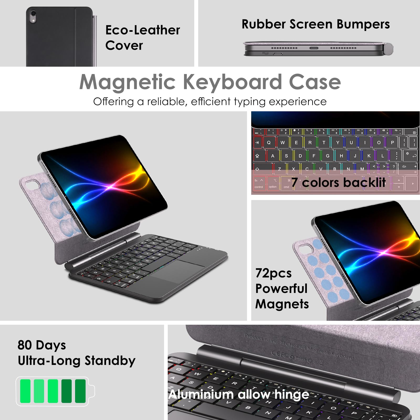 TECHGEAR Custodia Magic Keyboard per iPad Mini 7 (A17 Pro) e iPad Mini 6, sottile supporto magnetico galleggiante, Bluetooth QWERTY, Trackpad multi-touch, tastiera retroilluminata a 7 colori per