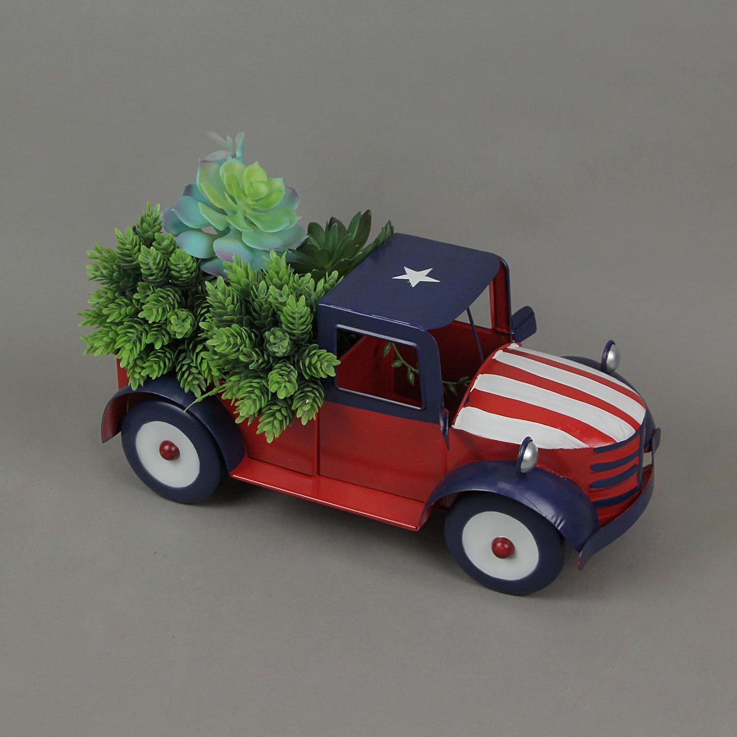 Rustic Red Metal Vintage Patriotic Pickup Truck Planter Antique Stars & Stripes, 14 Inch, T22437-RD