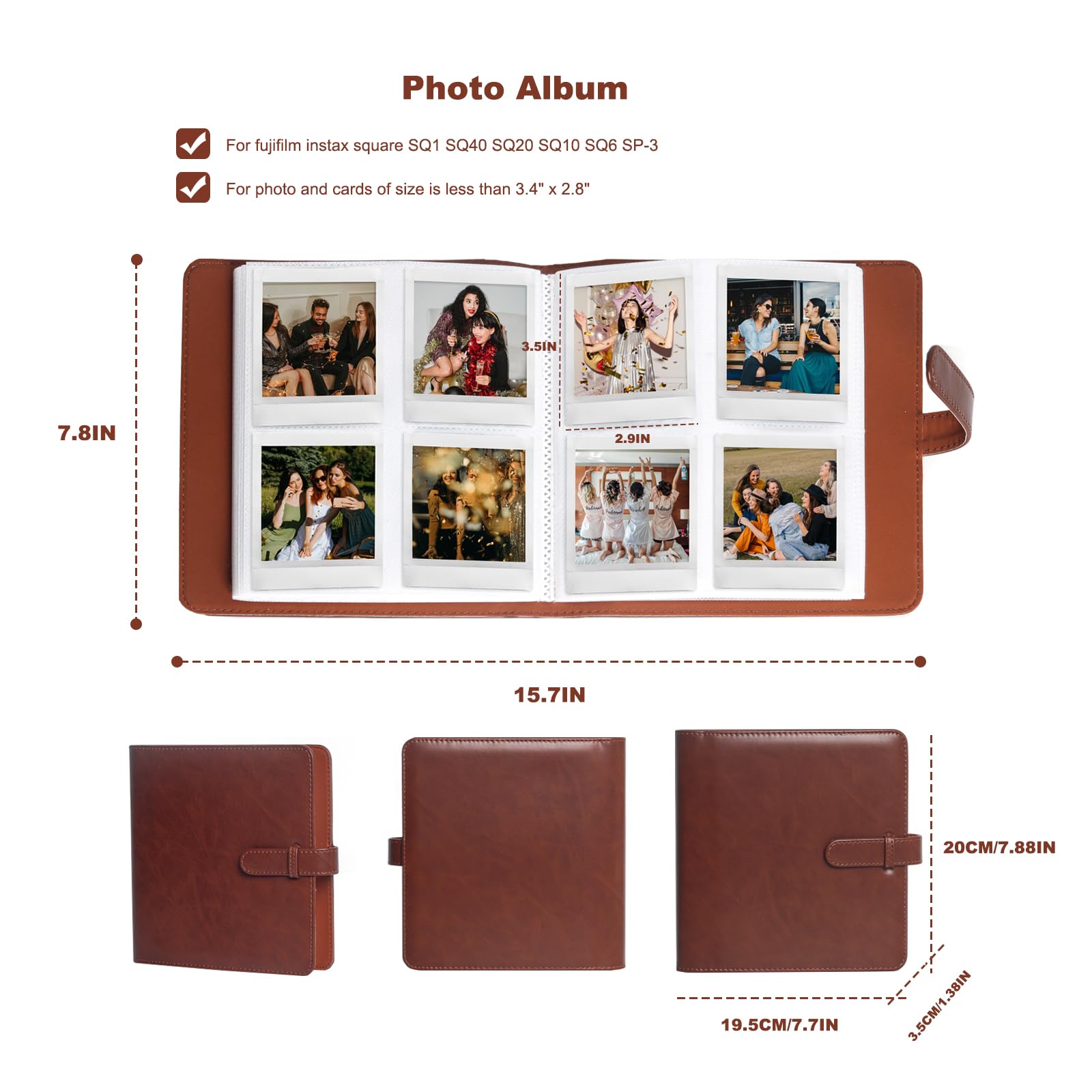 288 Pockets Square Photo Album for Fujifilm Instax Square SQ40/SQ1/SQ6/SQ10/SQ20/SP-3 Camera (Brown), 20x19.5x3.5 cm - Image 2