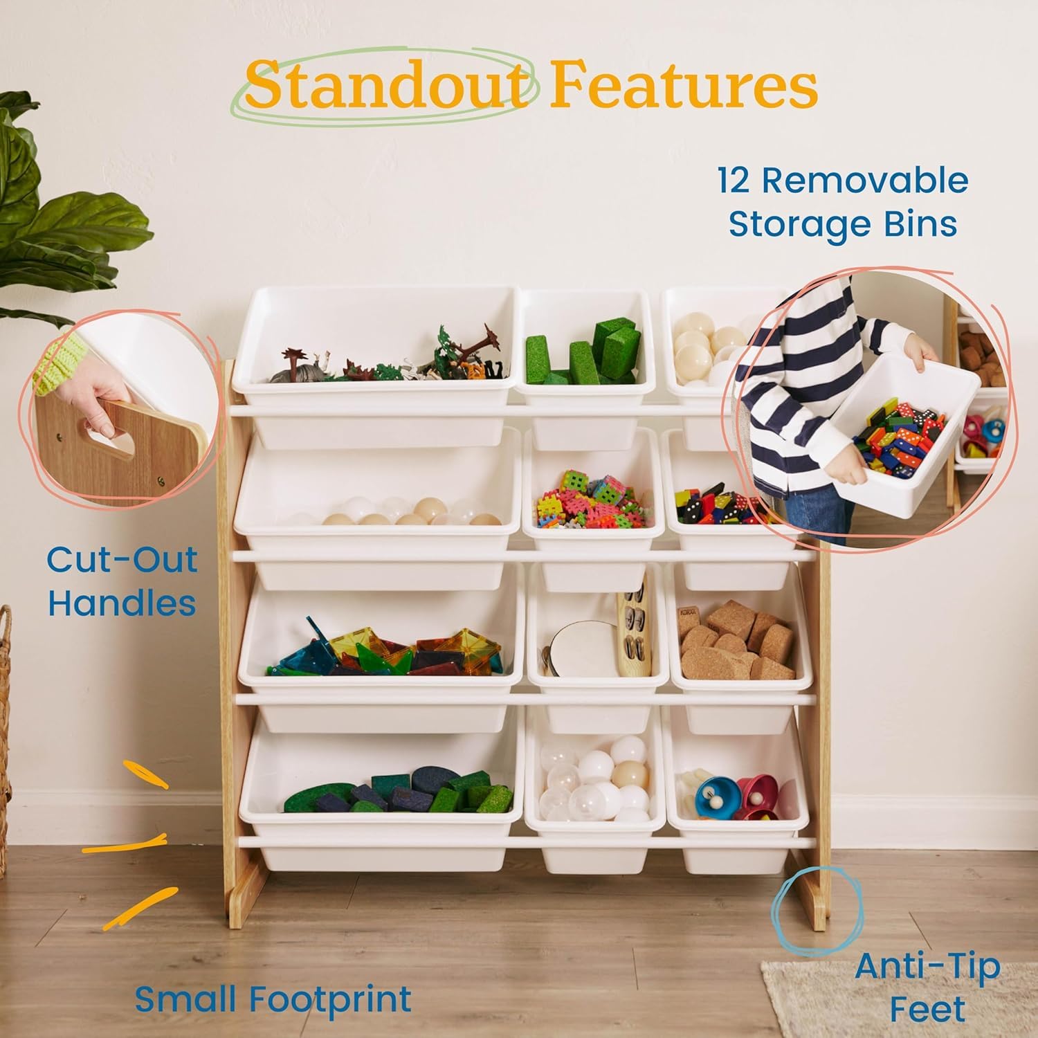 Snazzy Kids Toy Storage Organizer with 12 Plastic Bins, Natural Wood/Aqua β Removable Bins for Playroom, Bedroom, Toddler Furniture for Boys and Girls 3