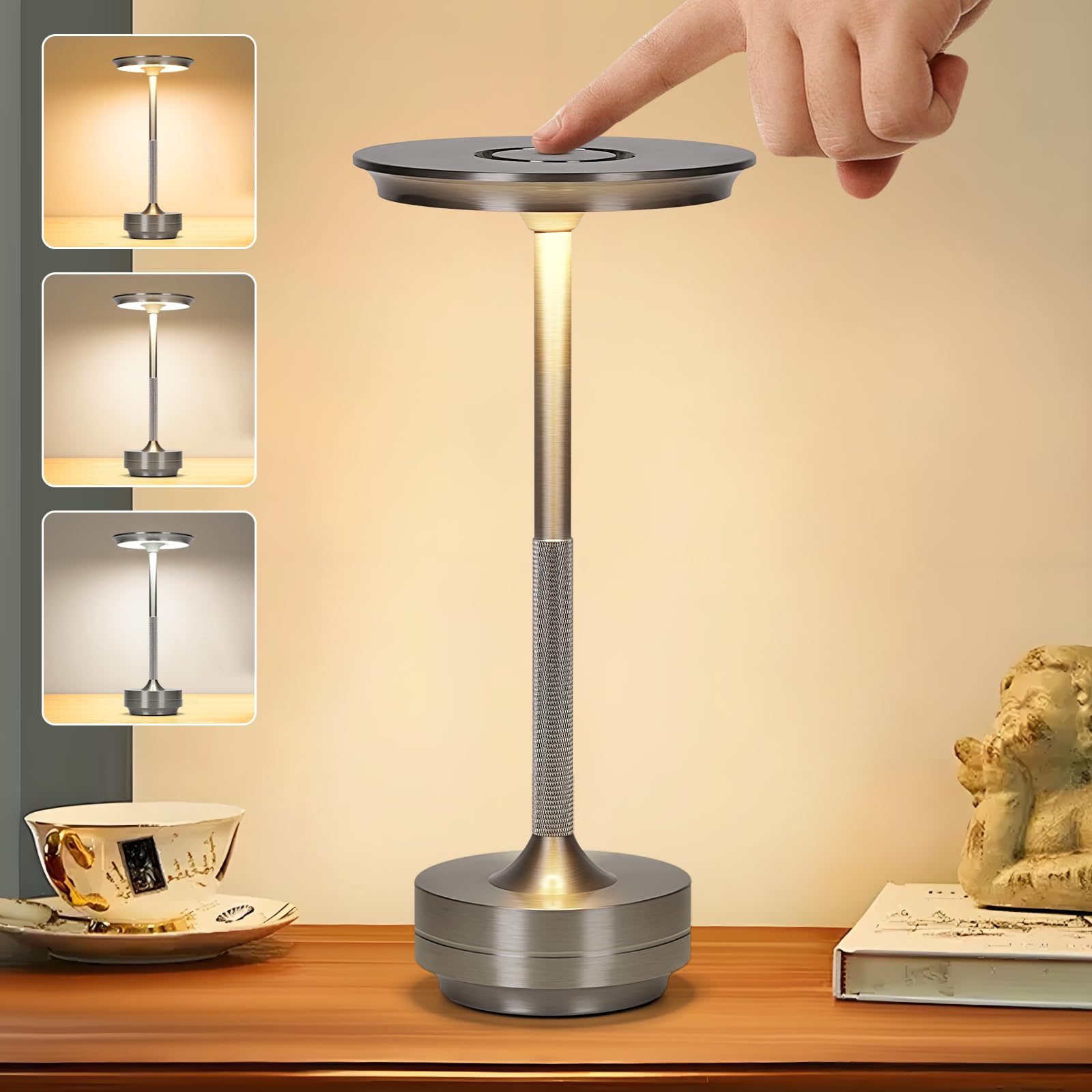 VIMAZ Cordless Table Lamps for Indoor Outdoor,4000mAH Rechargeable Touch Lamp,3 Color Stepless Dimming LED Table Lamp Waterproof,Protable Desk Lamp for Home Bedroom Restaurant Patio,Silver