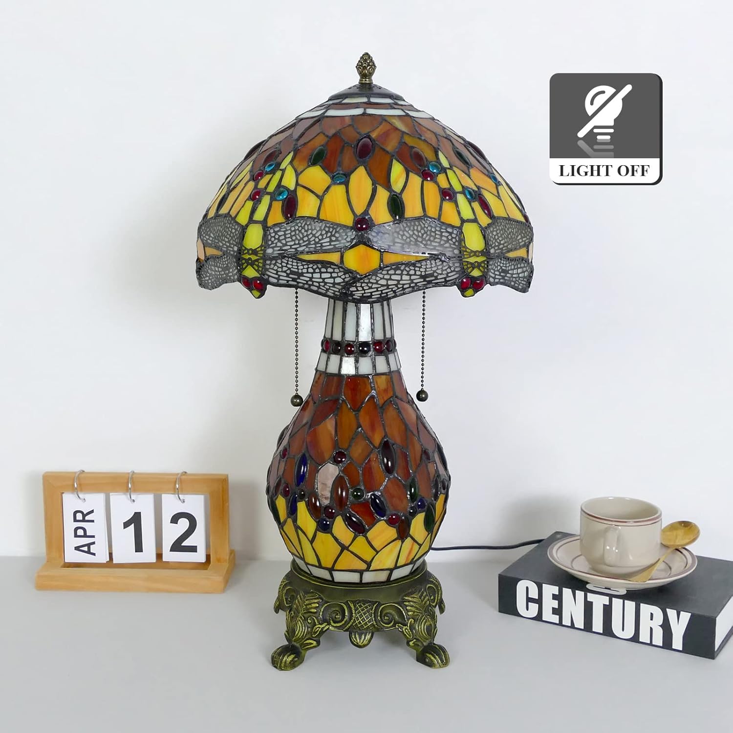 Tiffany Style Handmade Stained Glass Table Lamp Beautiful Dragonfly Table Lamps 12 Inch Wide 23 Inch Tall Vintage Desk Lamp for Living Room Bedside Home Decoration (LED Bulb Included)