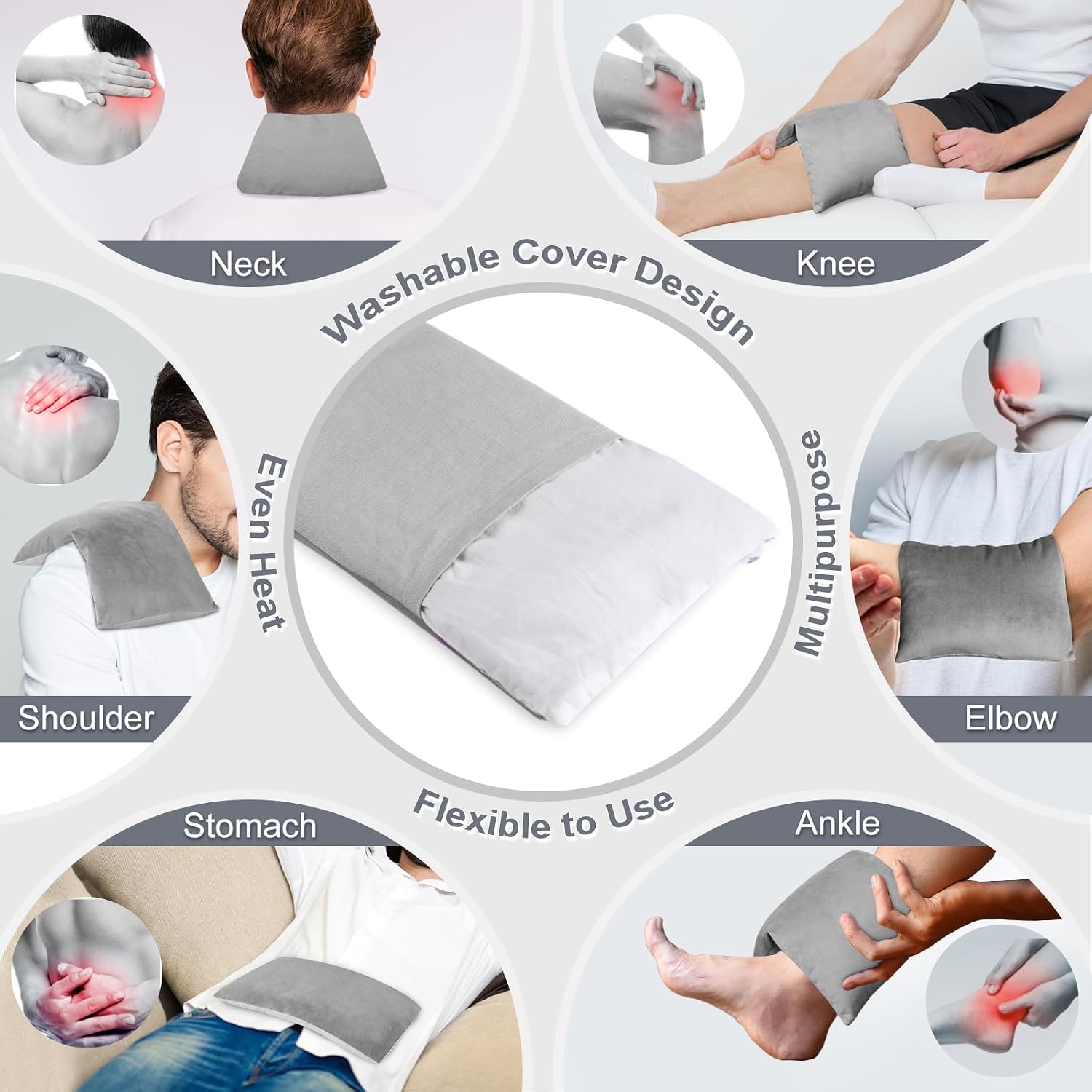 SuzziPad Microwave Heating Pad for Reduce Discomfort Washable Cover, 7x12 Multipurpose Heated Pads Microwavable for Shoulder, Belly, Elbow, Knee, Moist Heat Pack, Sore Muscle, Soothing Fatigue, Grey image 5