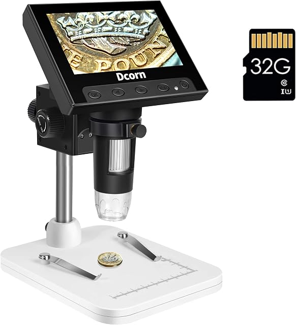 4.3'' LCD Digital Microscope, Dcorn Coin Microscope 50X-1000X Magnification Video Handheld Microscope for Coin Observation/PCB Soldering, Windows Compatible, 32GB TF Card Included