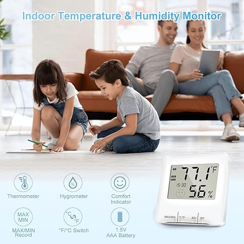 Miniatura 2 de NICE-POWER Termómetro de habitación higrómetro digital medidor de humedad con registros máximos y mínimos, reloj y alarma, monitor de humedad de