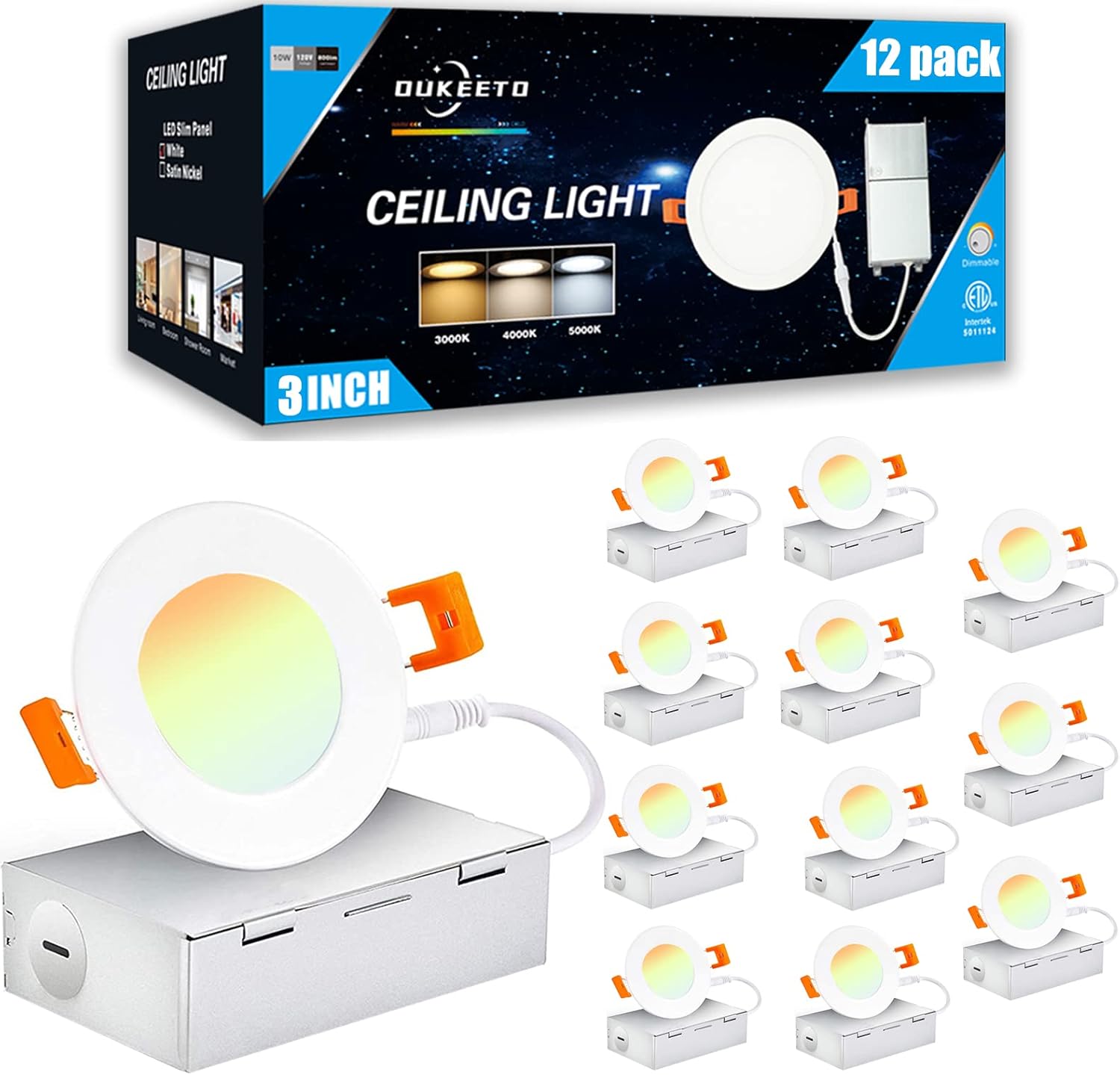 3 Inch Led Recessed Light - 3000K/ 4000K/ 5000K 3 Color Selectable, 6W=45W 450Lm Ultra-Thin Dimmable Downlight Wafer Ceiling Light with Junction Box - ETL and Energy Star Certified(12 Pack)