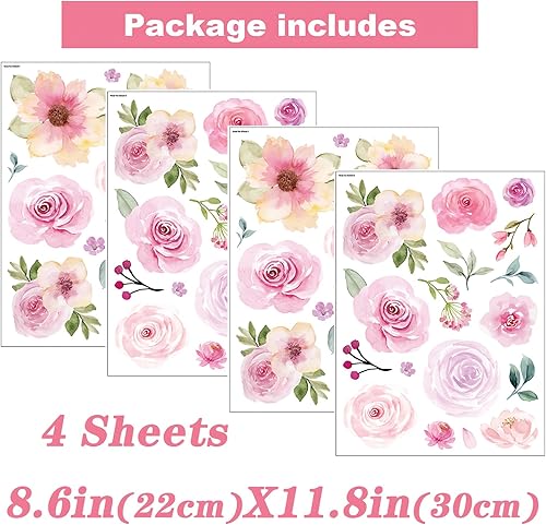 Miniatura 3 de 4 hojas de 60 calcomanías de pared de acuarela rosa rosa melocotón flor flor, sacinora Art DIY calcomanías de pared de vinilo removible para