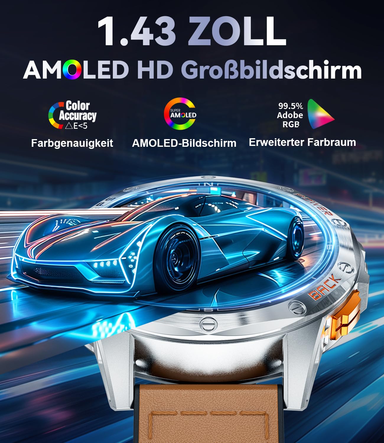 ESFOE Smartwatch Uomo GPS Militare Impermeabile 10ATM con Torcia LED 1,43" AMOLED Display Rugged Smartwatch Orologio con Chiamate Bluetooth, Altitudine, Pressione, Bussola, 530mAh per Android iOS