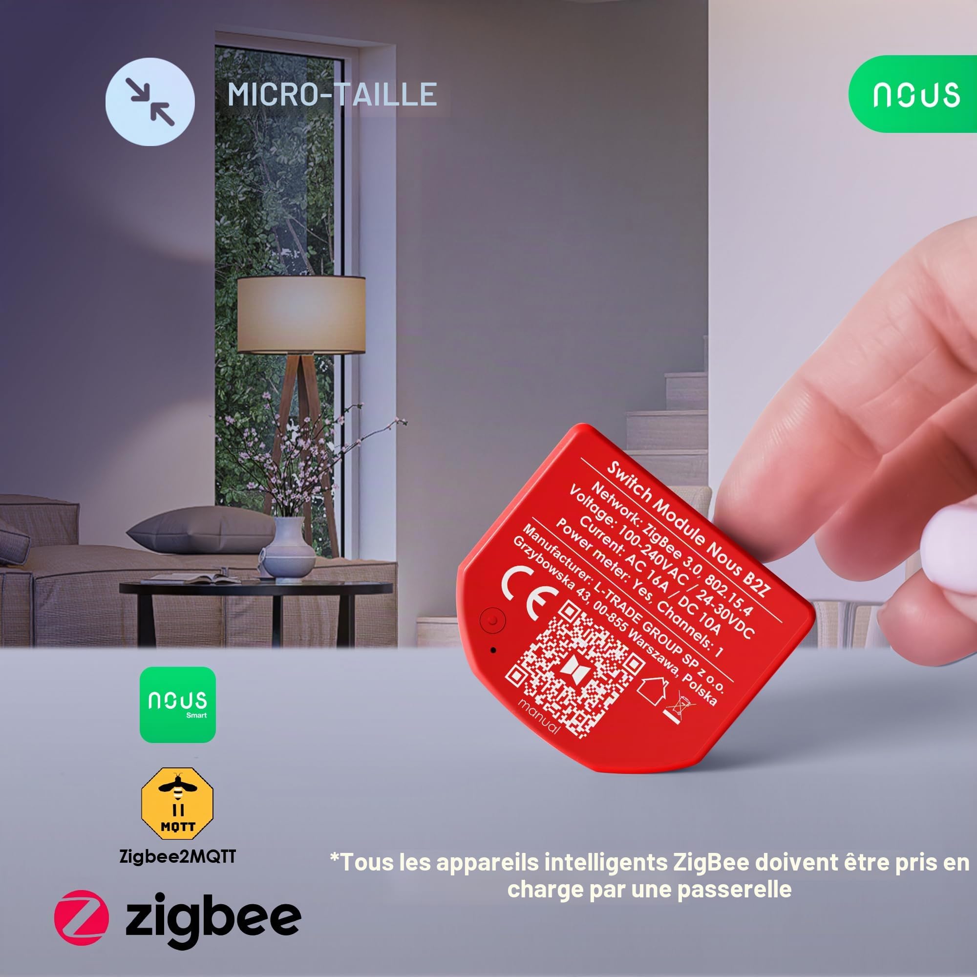 NOUS Module Interrupteur Intelligent ZigBee avec Mesure de Puissance, 1 Canal, AC 16A/DC 10A, 3.0 Hub Requis, Compatible avec Alexa, Zigbee2MQTT, Google Assistant, Home Assistant, Tuya