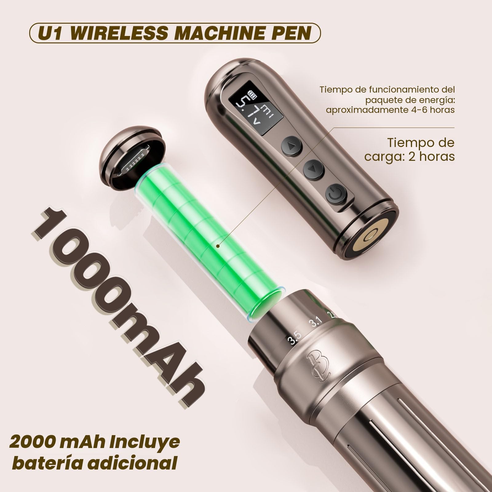 Biomaser Wireless Semi Permanent Maquillaje U1 Permanente Lápiz Inalámbrico Ajustable en Seis Tiempos Pantalla OLED para Maquillaje con 2 Batería 1000mAh