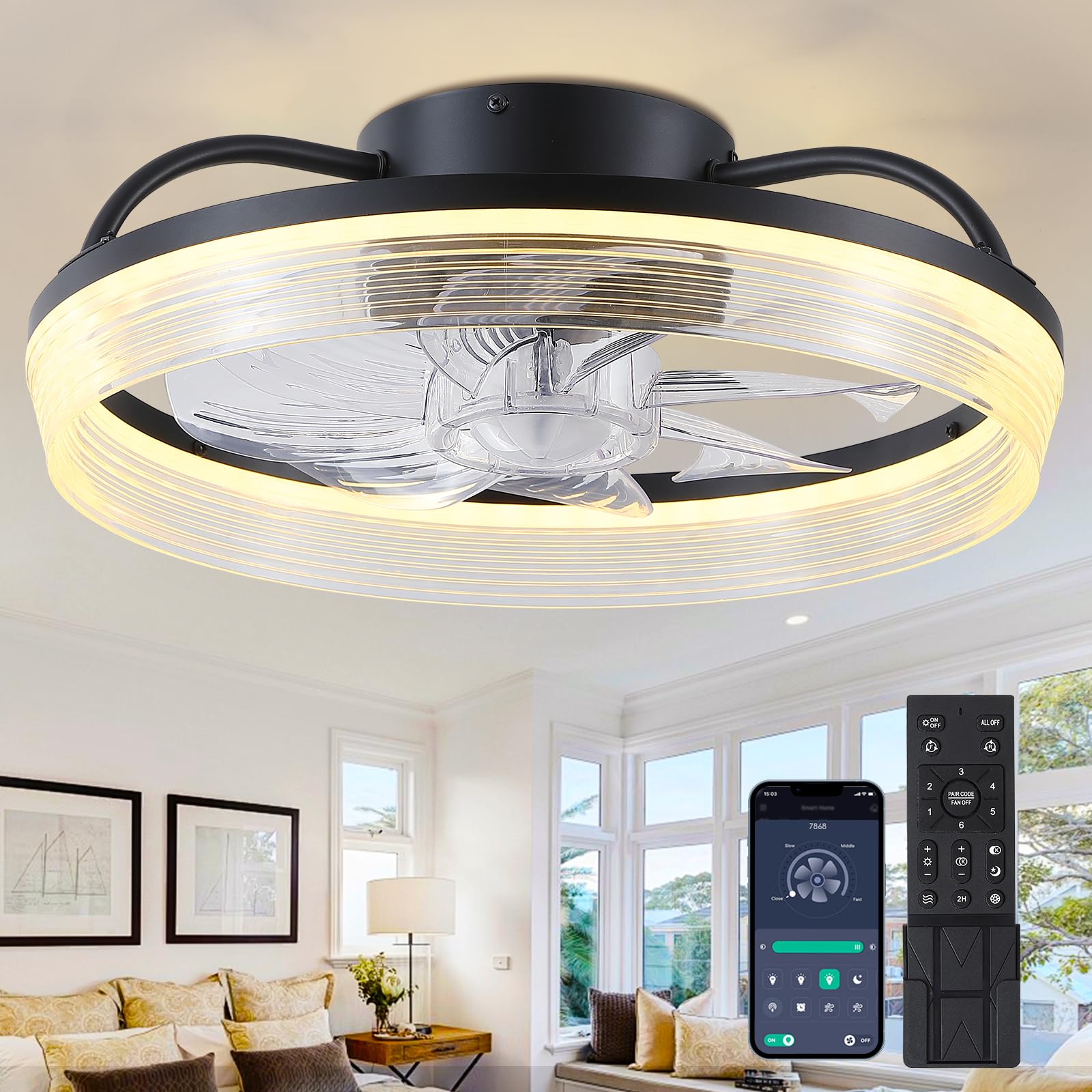 Ceiling Fans with Lights and Remote/APP Control, Flush Mount Bladeless Ceiling Fan?Modern Dimmable Low Profile Ceiling Fan, 16" memory function Forward Reverse and 6 Speeds - Black