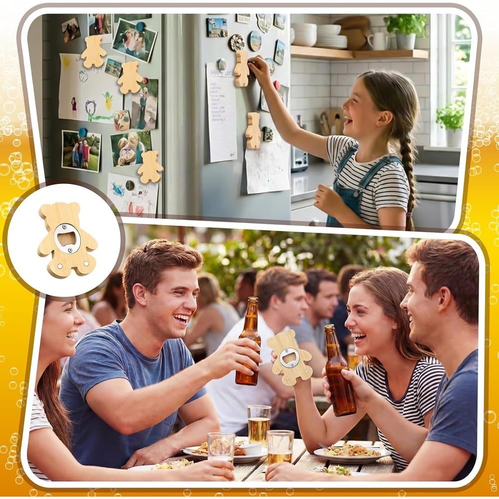 24 Piezas Abrebotellas Magnéticos 2.5" Forma de Oso de Bambú DIY Abrebotellas de Madera para Cerveza Imán de Refrigerador Regalo