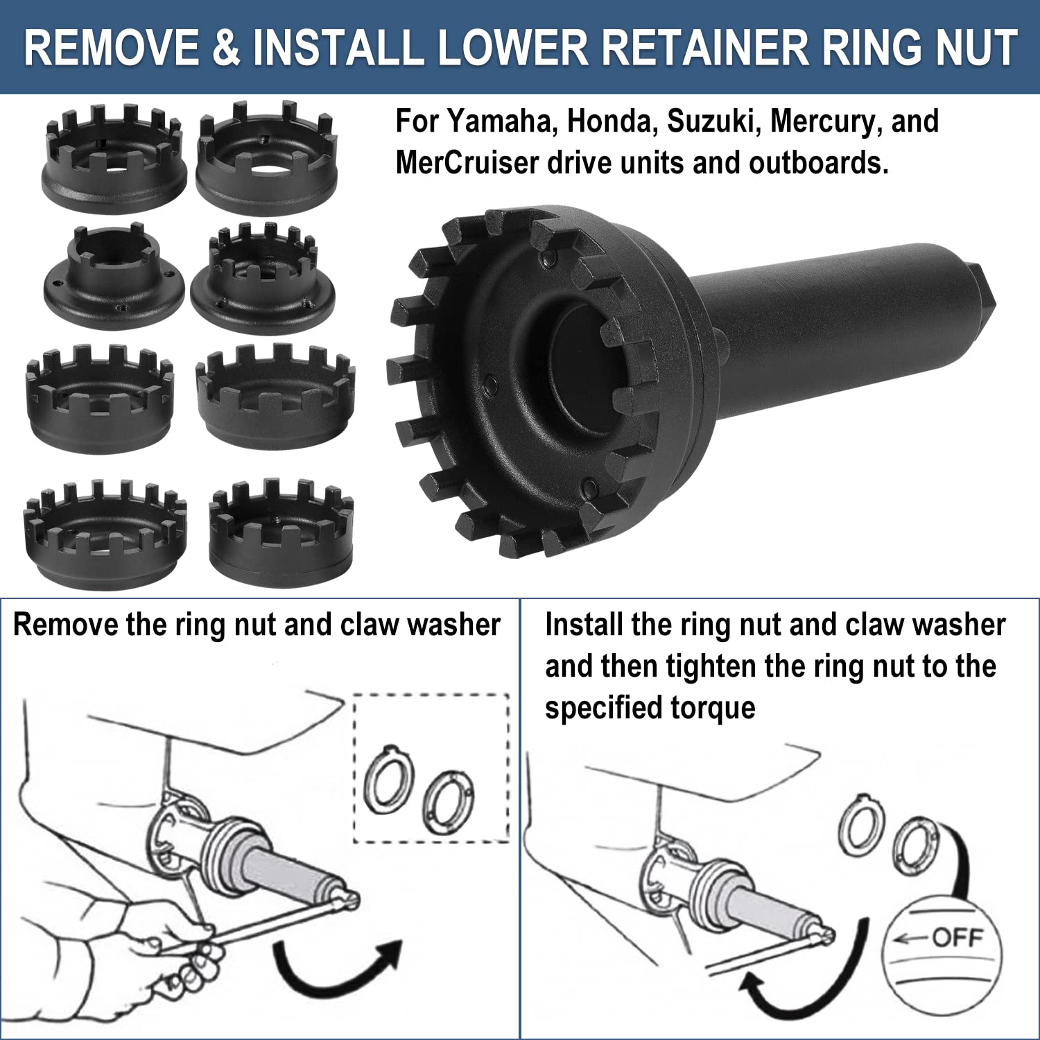 Lower Carrier Retainer Retaining Ring Nut Wrench Tool Kit Fit For Yamaha Honda Suzuki Mercury MerCruiser Drive Units & Outboards, Replace For 91-61069T, YB-34447, YB-06075, YB-0647, YB-06677, YB-06578