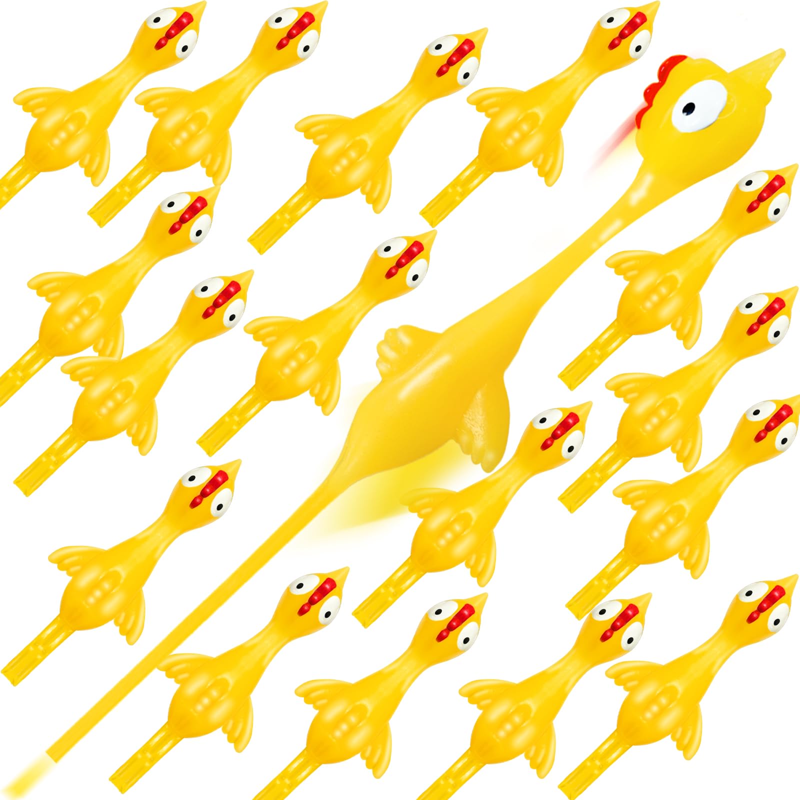 Photo 1 of 16Pack Finger Slingshot Chicken Rubber,Flying Stretchy Flick Stretchable Chickens Fingers for Gag Gift Birthday Christmas Halloween Party Favors Supplies Yellow