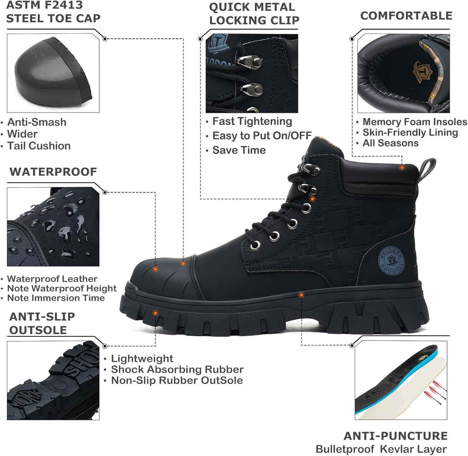 KELODON Waterproof Steel Toe Boots For Men 6 Inch Leather Steel Toe Shoes Non Slip Resistant Safety Work Boots Indestructible Lightweight Construction Boot - Image 2